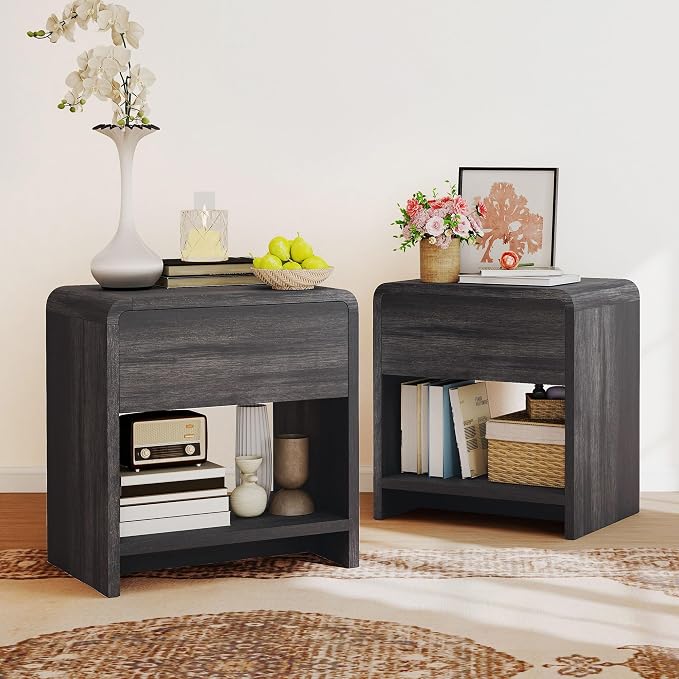 Nightstands with Drawer & Shelves, Set of 2