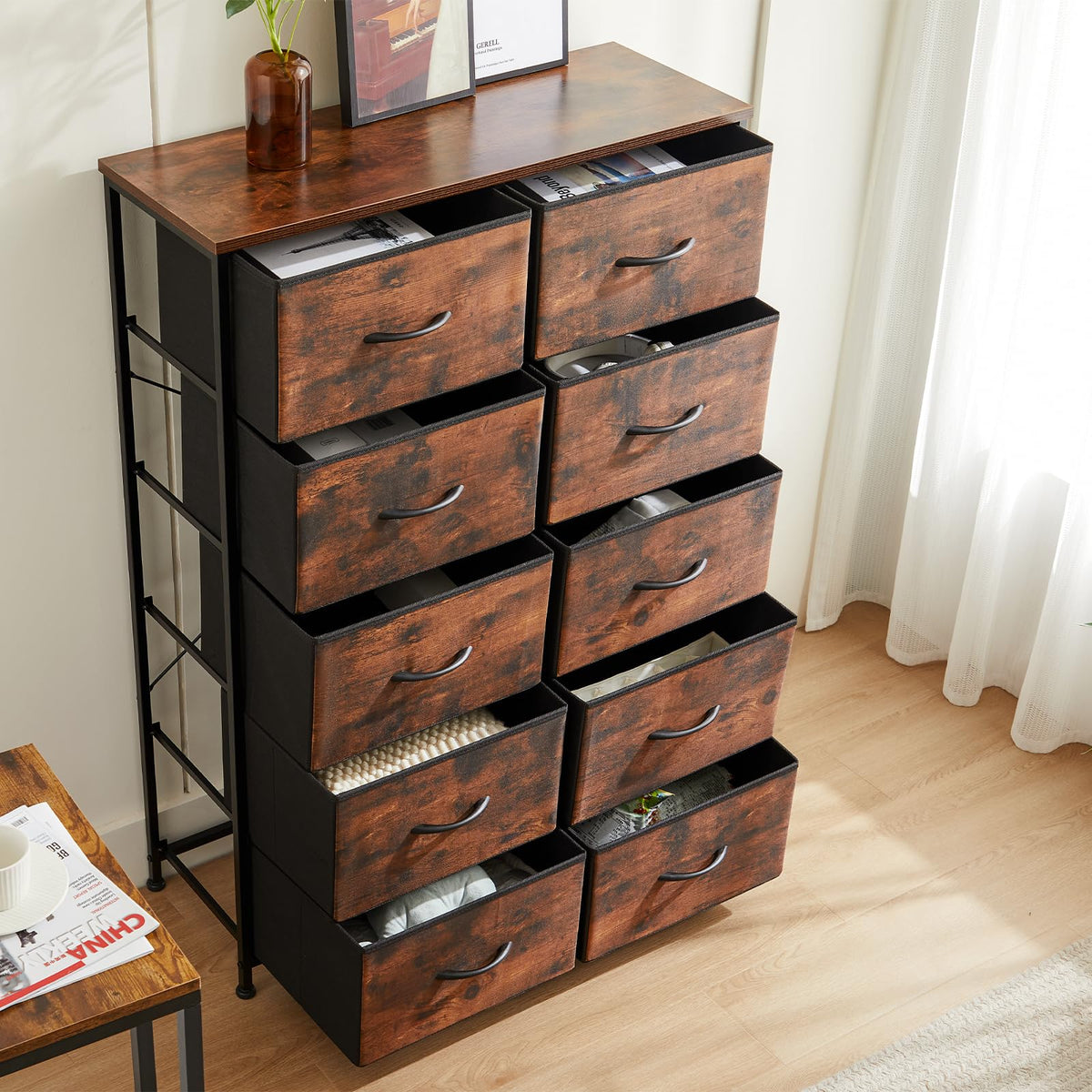 DUMOS 10 Drawer Tall Dresser for Bedroom & Living Room, Brown