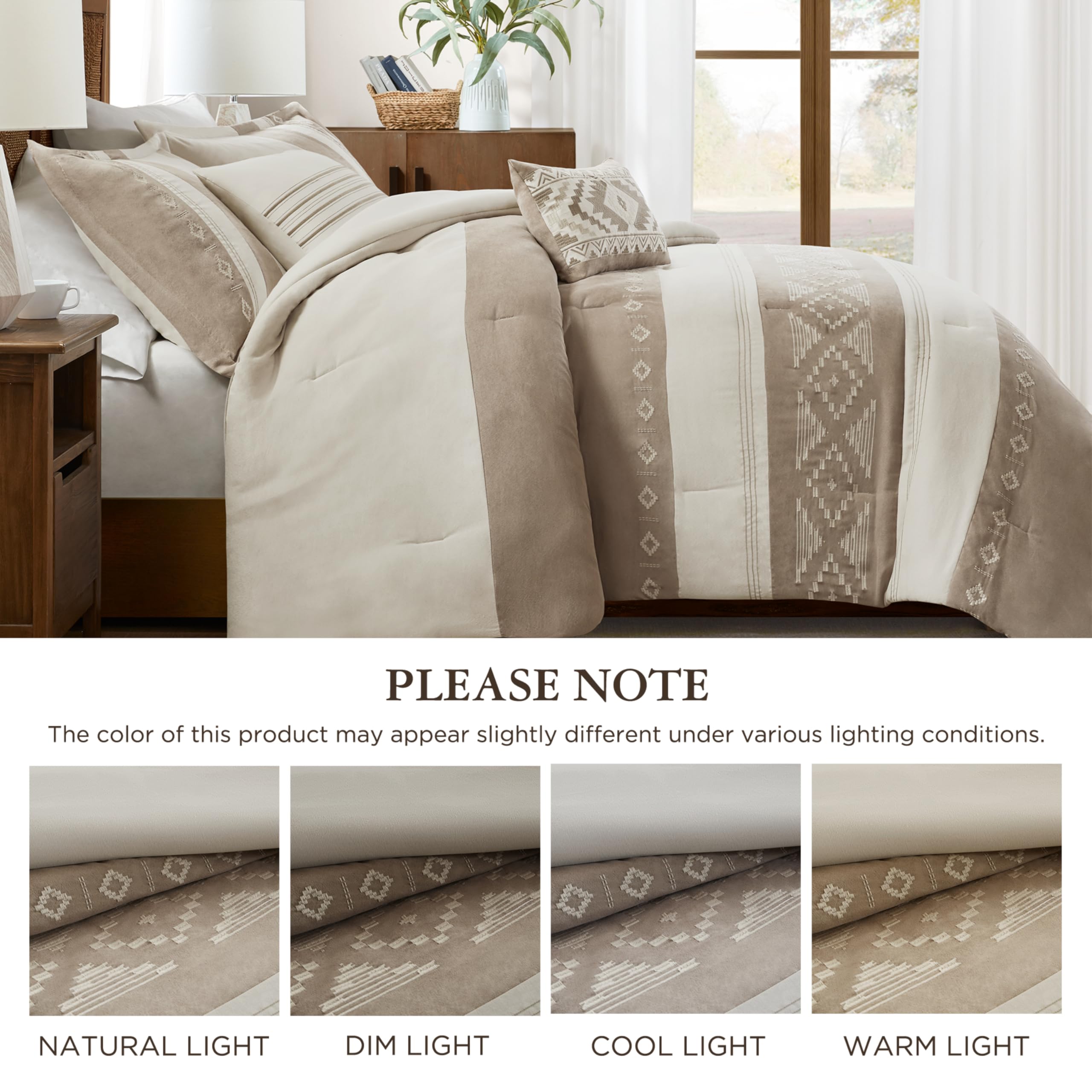 King Comforter Set – 5-Piece Microsuede Embroidered Bedding with Decorative Pillows, Taupe