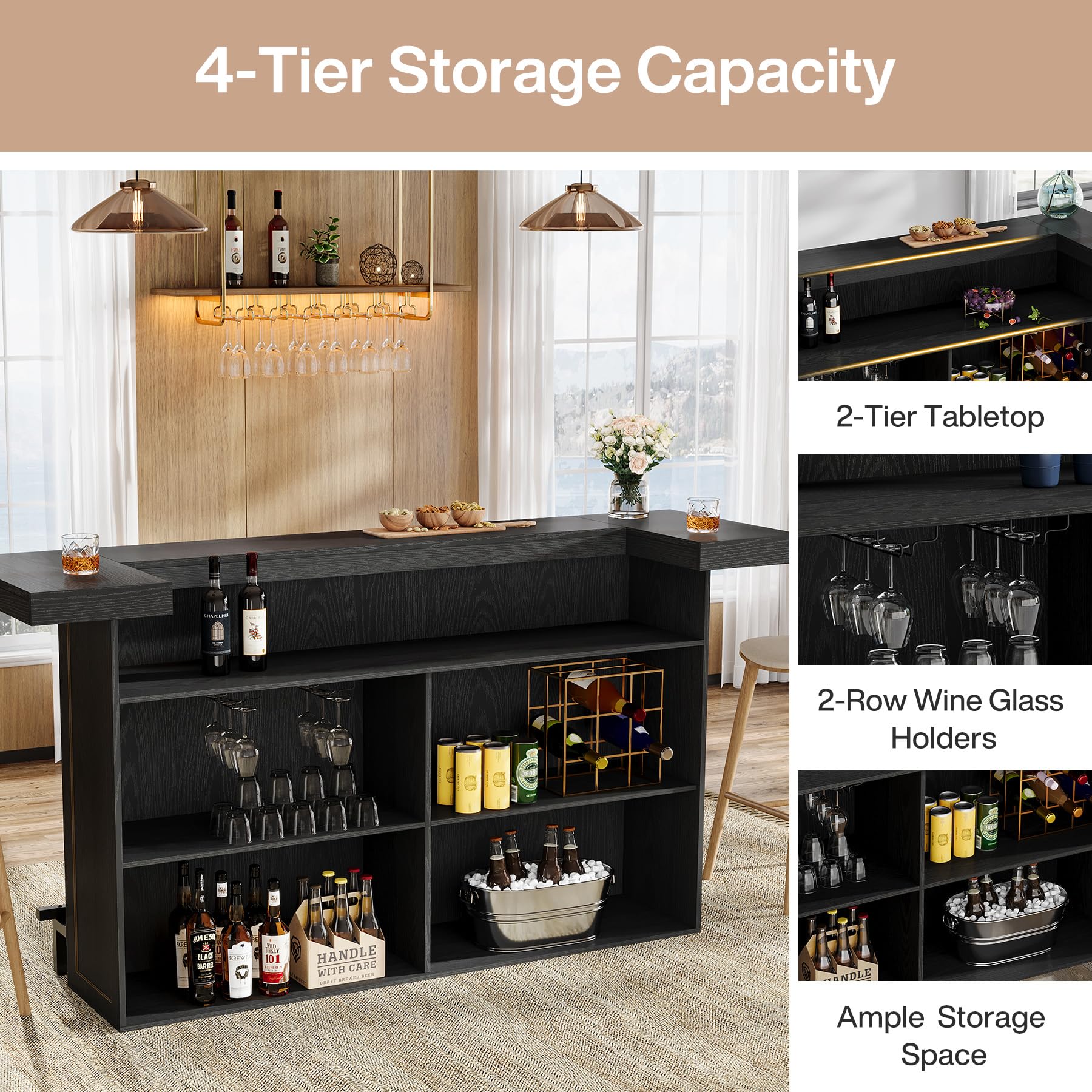 Tribesigns 70.9" Extra Large Bar Table, 4-Tier Storage Home Bar with Wine Glass Rack & Footrest, 2-in-1 Kitchen Island & Pub Table, Wooden Bar Unit for Kitchen, Living Room, Party