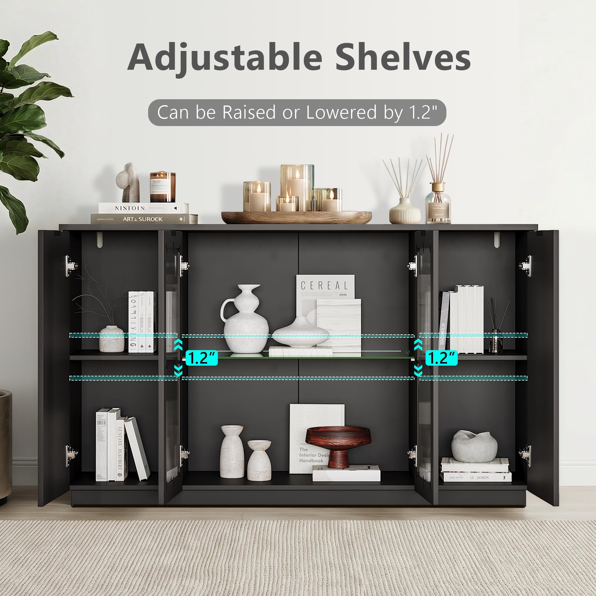 Einhomn 55" Sideboard Fluted Buffet Cabinet with Storage, Glass Doors & Led Lights, Coffee Bar Station with Adjustable Shelves, Modern Wood Cabinet for Kitchen, Living Room, Black