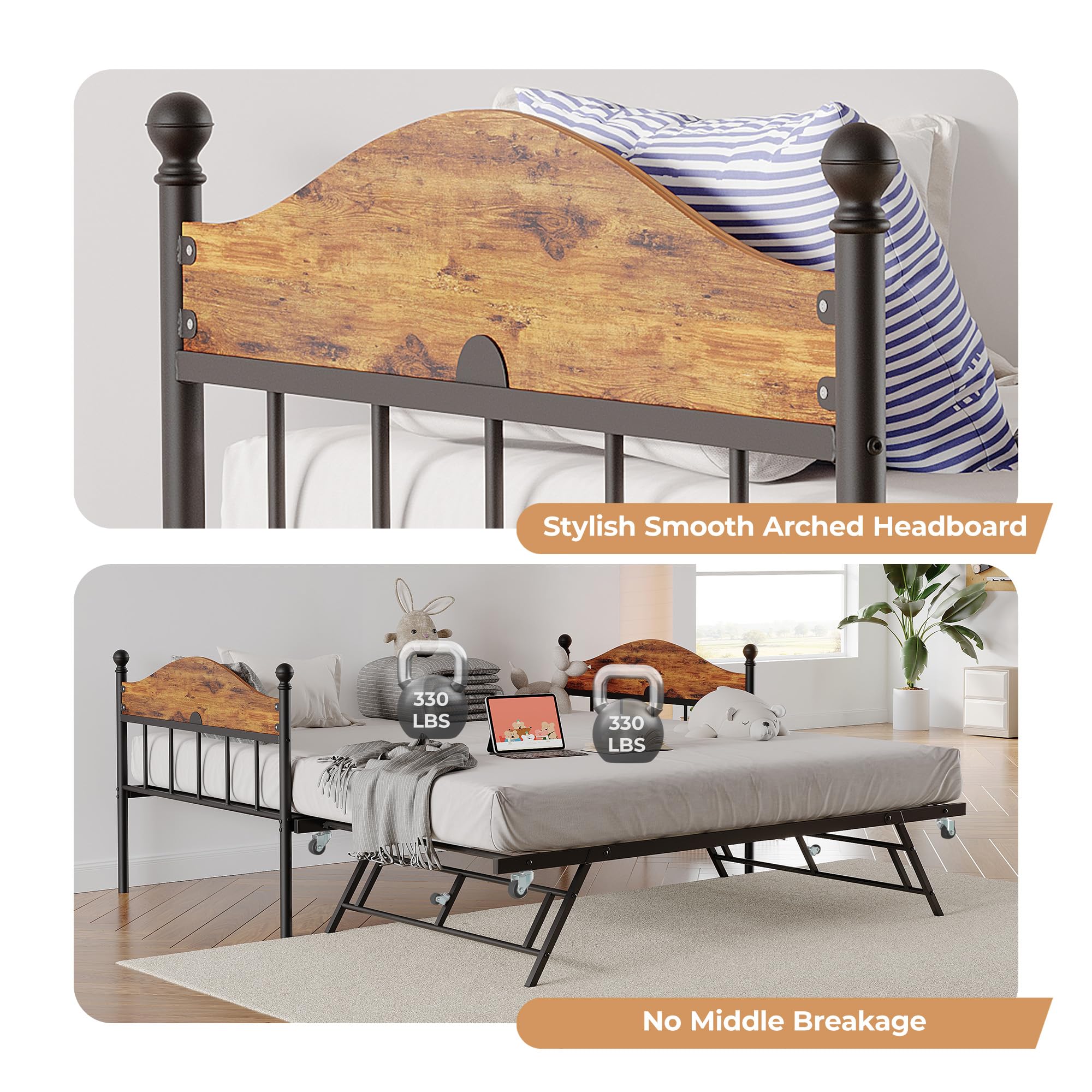 IDEALHOUSE Twin Metal Daybed with Pop-Up Trundle, Heavy Duty Steel Slats Platform Bed with Stylish Headboard, Convertible Sofa Bed Frame for Living Room, Bedroom, or Guest Room, Brown
