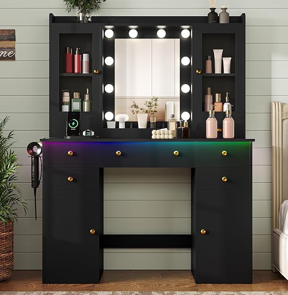 Vanity Desk with Mirror, Lights & Power Outlet – 7 Drawers, 2 Cabinets