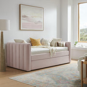 Veyla Twin Size Performance Velvet Daybed in Pink with Trundle – Channel Tufted Upholstered Sofa Bed with Wood Slat Support