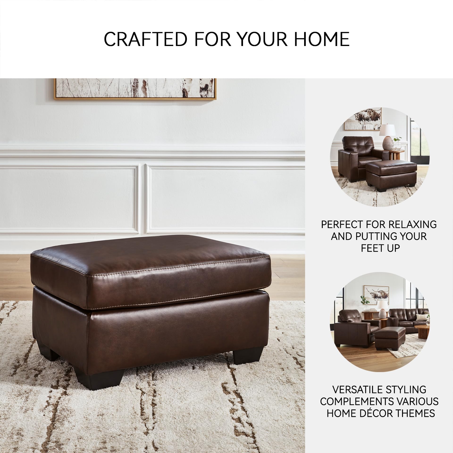 Signature Design by Ashley Santorine Classic Leather Match Rectangular Ottoman for Living Room, Dark Brown