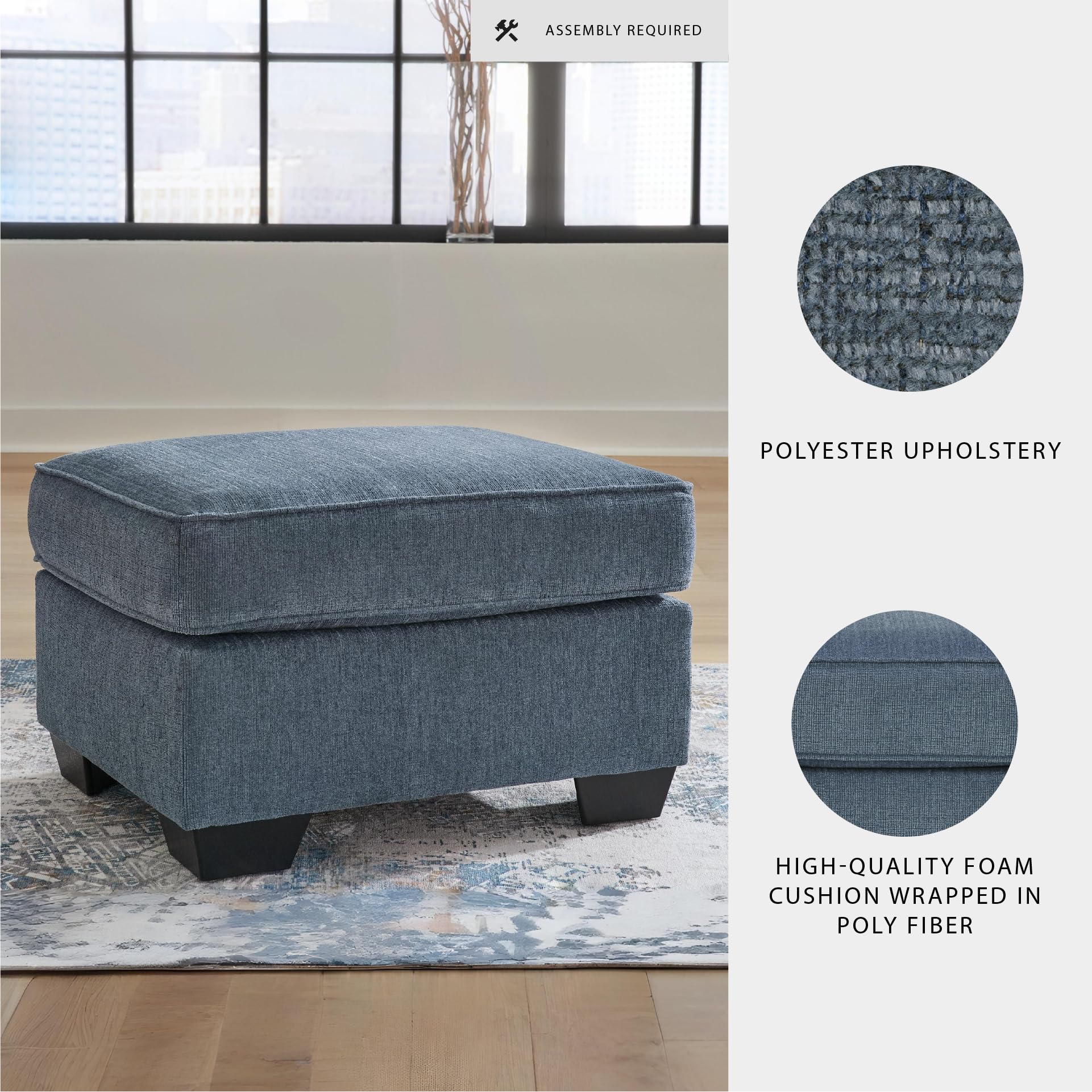 Signature Design by Ashley Cashton Contemporary Accent Ottoman with Faux Wood Finished Exposed Feet, Foam Cushion, Crosshatched Upholstery, 30" by 24", Blue