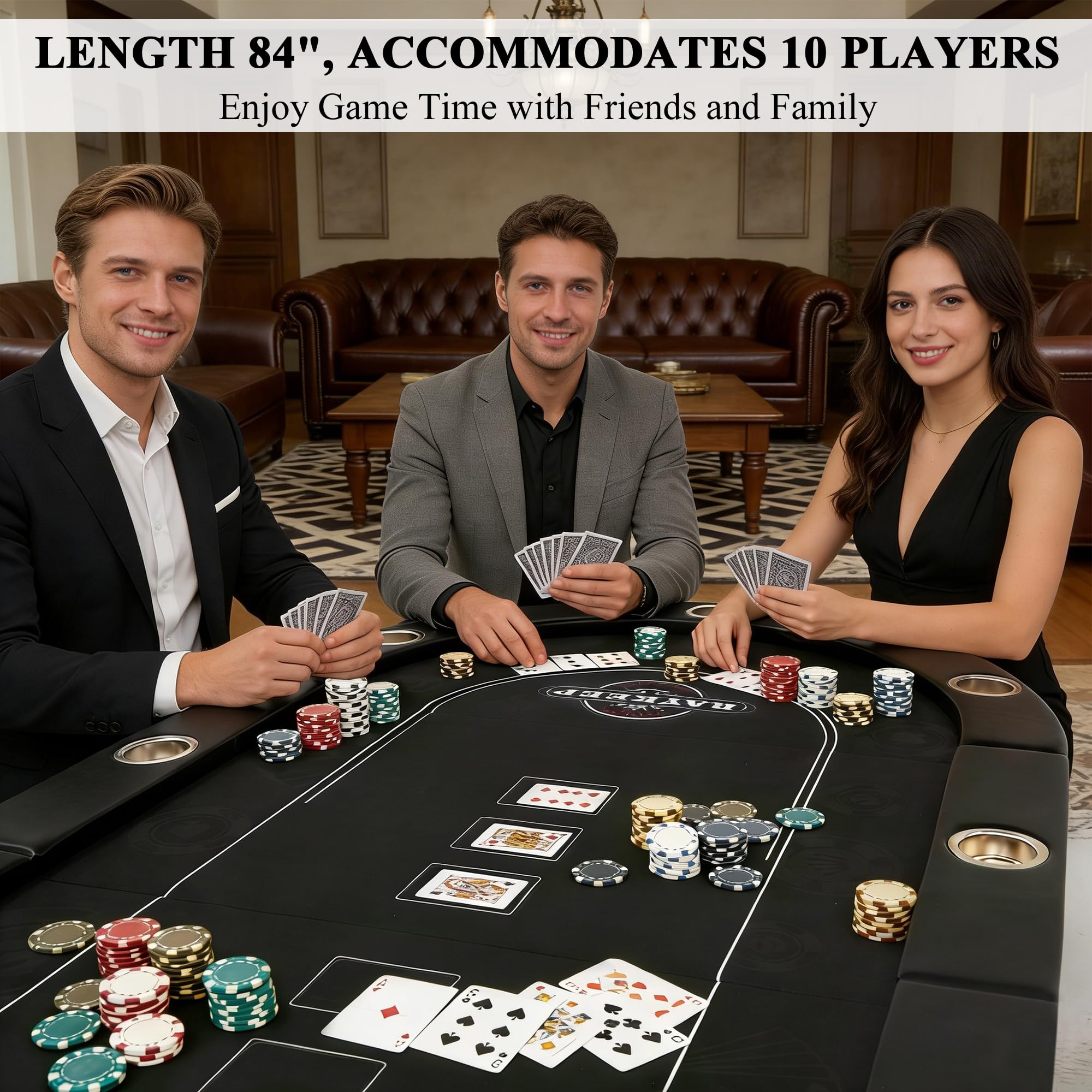 10-Player Folding Poker Table with Cup Holders & Padded Rails