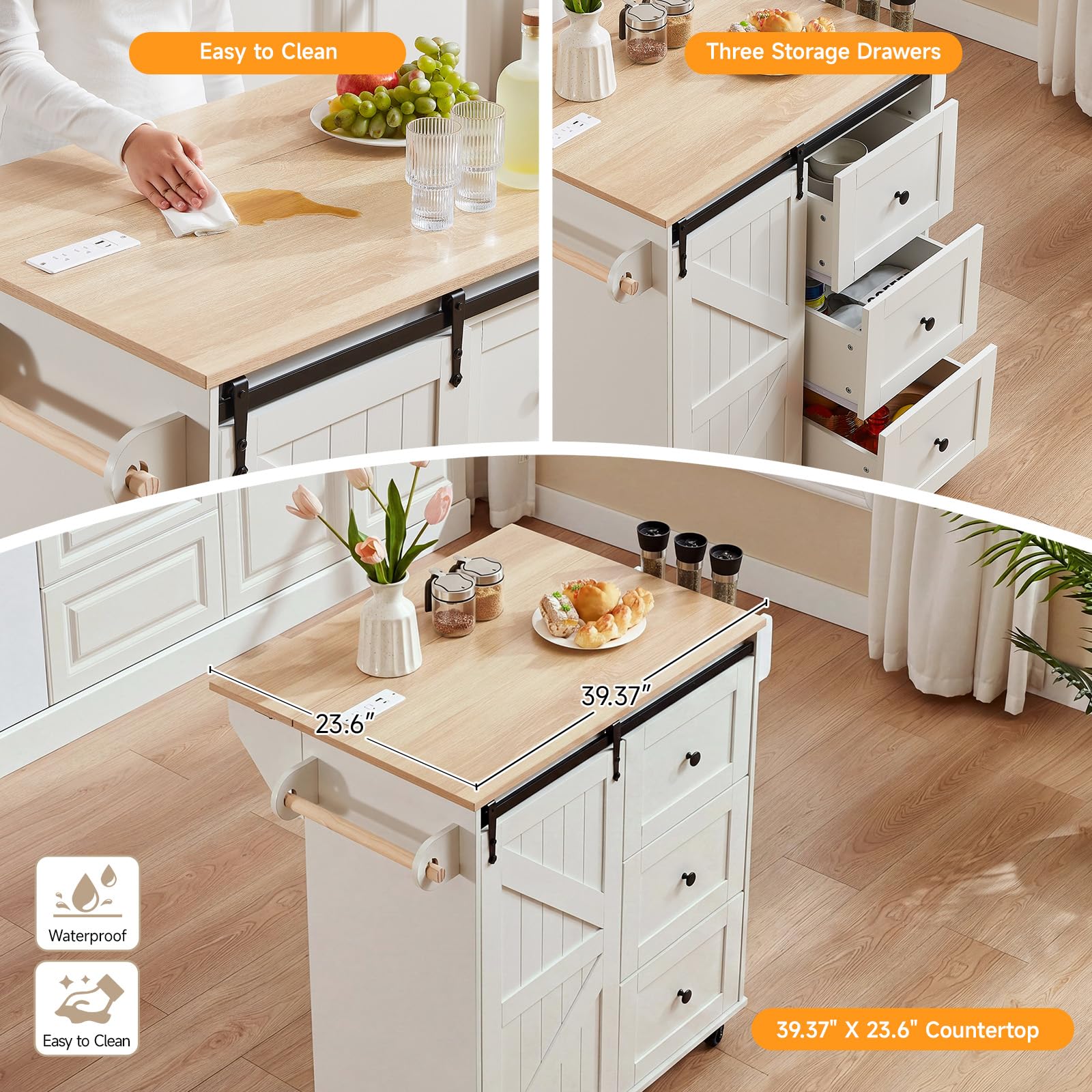 Kitchen Island with Drop Leaf & Power Outlet