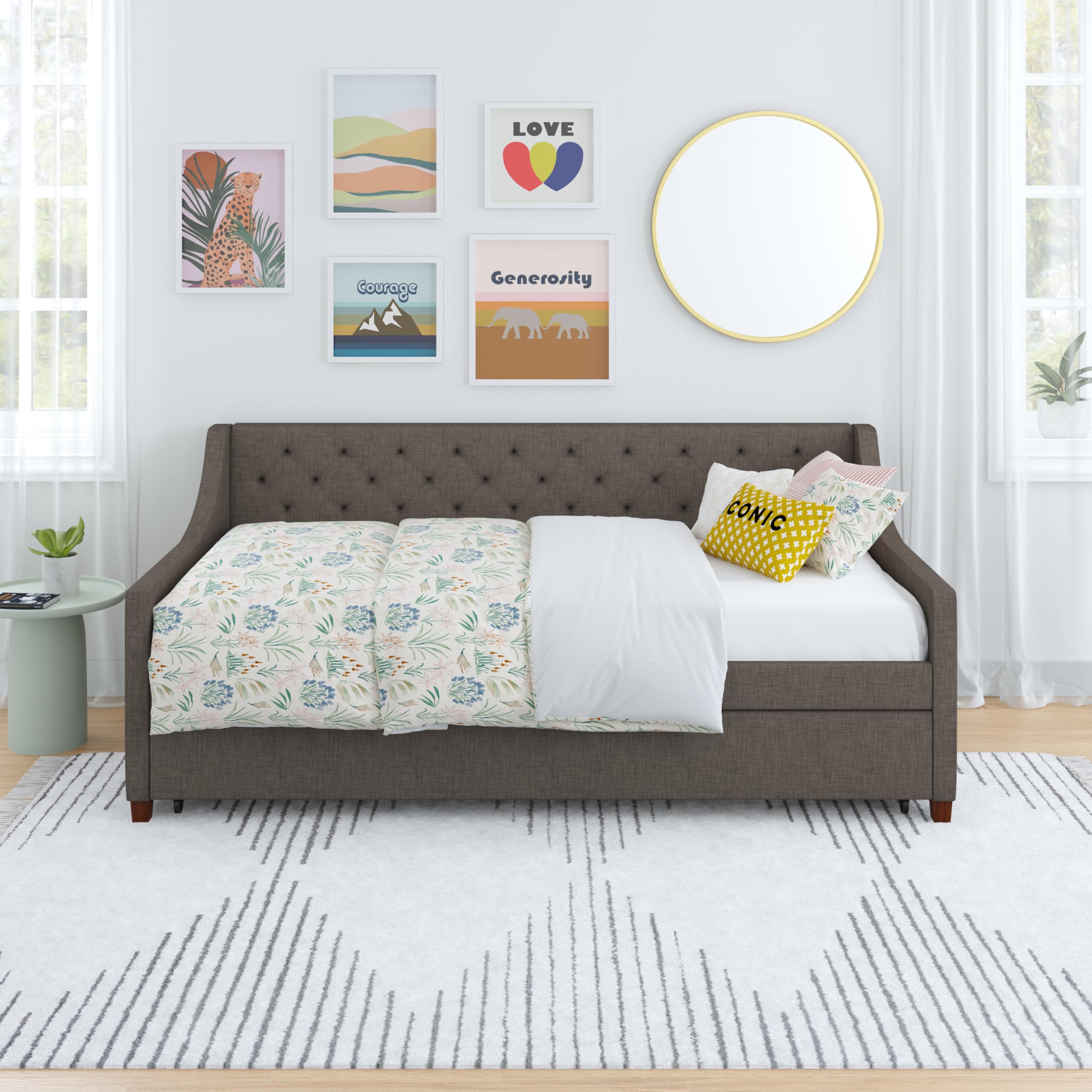 Novogratz Her Majesty Upholstered Daybed and Trundle, Twin over Twin, Grey Linen