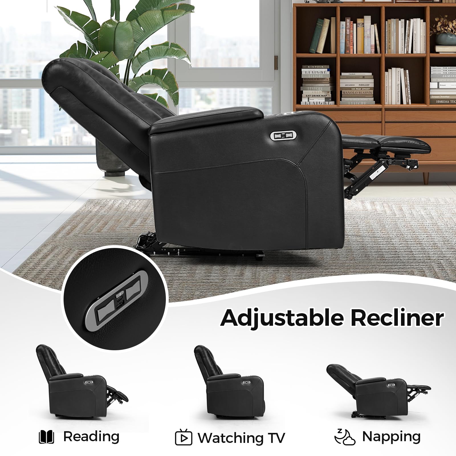 CANMOV Power Home Theater Seating, Set of 2 PU Leather Electric Recliner Chair with USB Tape-C Ports, LED Light, Cup Holders, Hidden Arm Storage(Black)