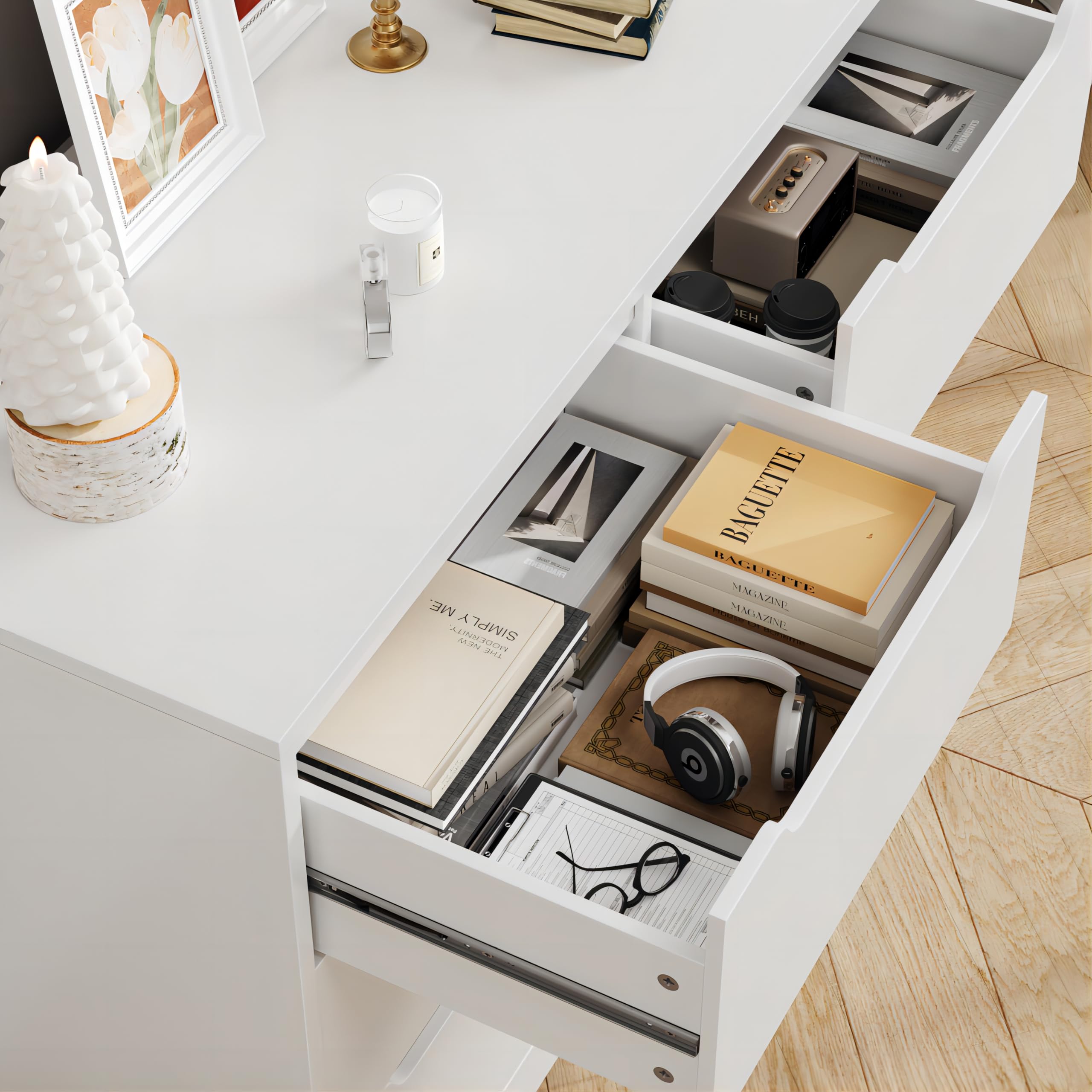 HOSTACK Modern 6 Drawer Dresser, Double Chest of Drawers with Storage, Large Wooden Storage Dresser Organizer with Cut-Out Handles, Accent Storage Cabinet for Living Room, Entryway, White
