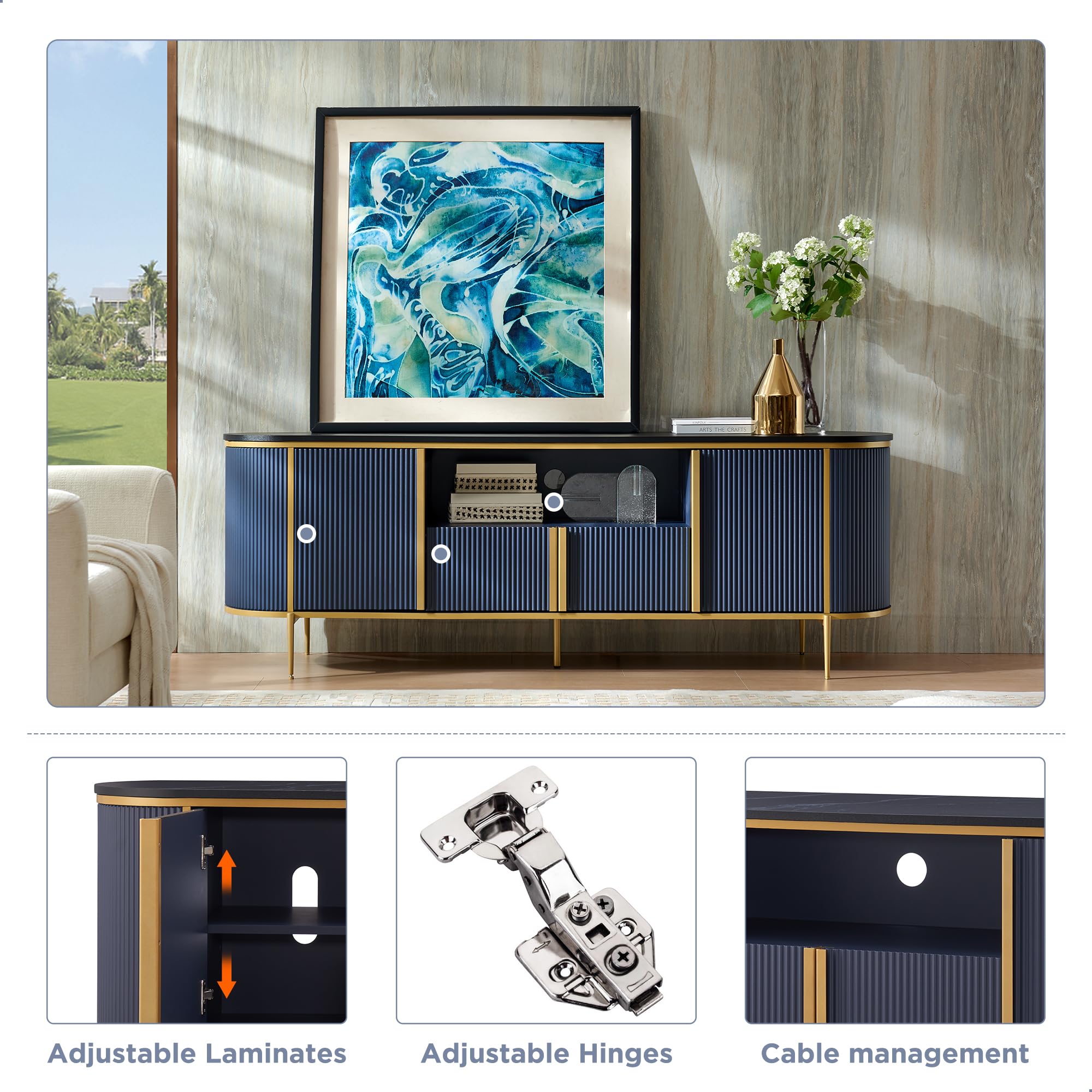 OKD Luxury 70" Fluted TV Stand, Modern Entertainment Center for TVs Up to 80 inches, TV Console with Faux Marble Top, Curved Profile Design, Media Console for Living Room, Blue