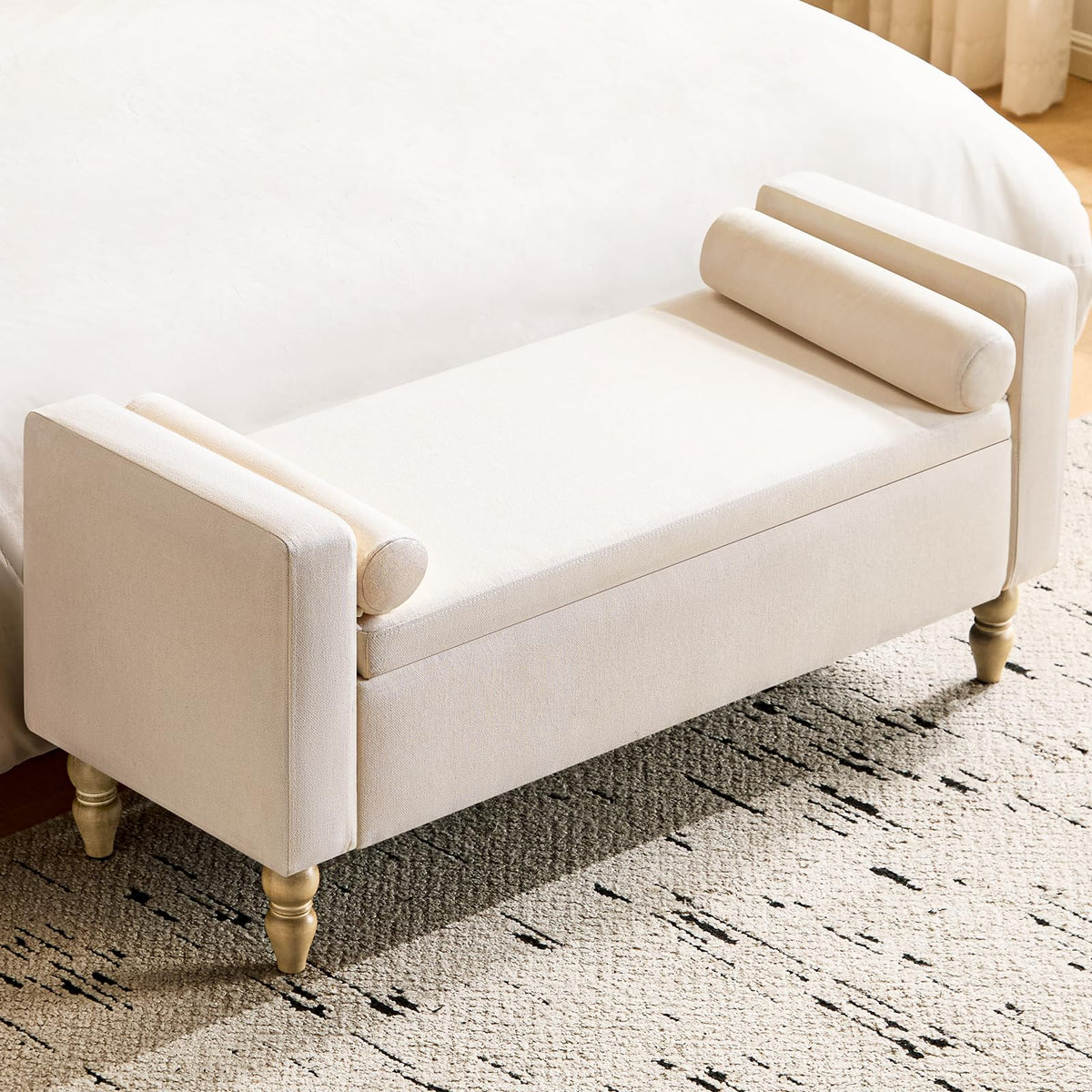 Storage Ottoman Bench, Upholstered End of Bed Bench Linen 45.7" Beige