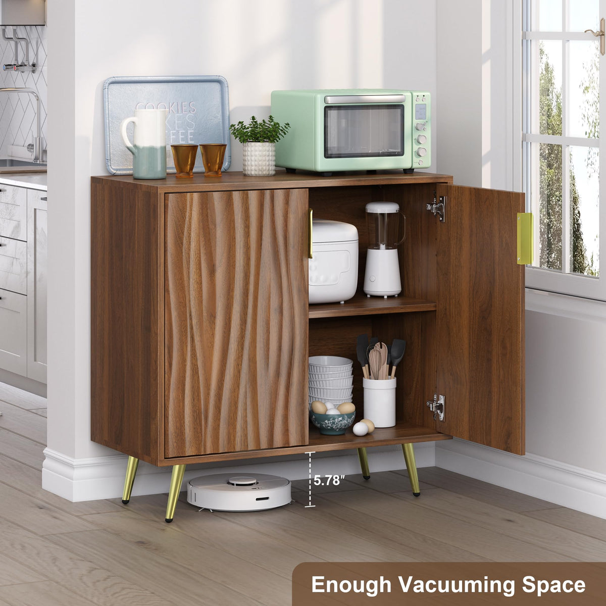Dorivibe Sideboard Buffet Cabinet, 31.5" Walnut Storage Cabinet, Water Ripple Doors, 4-Tier Adjustable Shelves, 15.6" Deep Mid-Century Accent Cabinet for Dining Room, Living Room, Entryway
