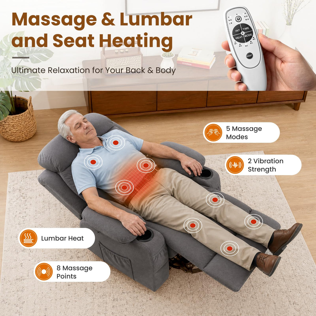 Gray Power Lift Recliner with Massage and Heat