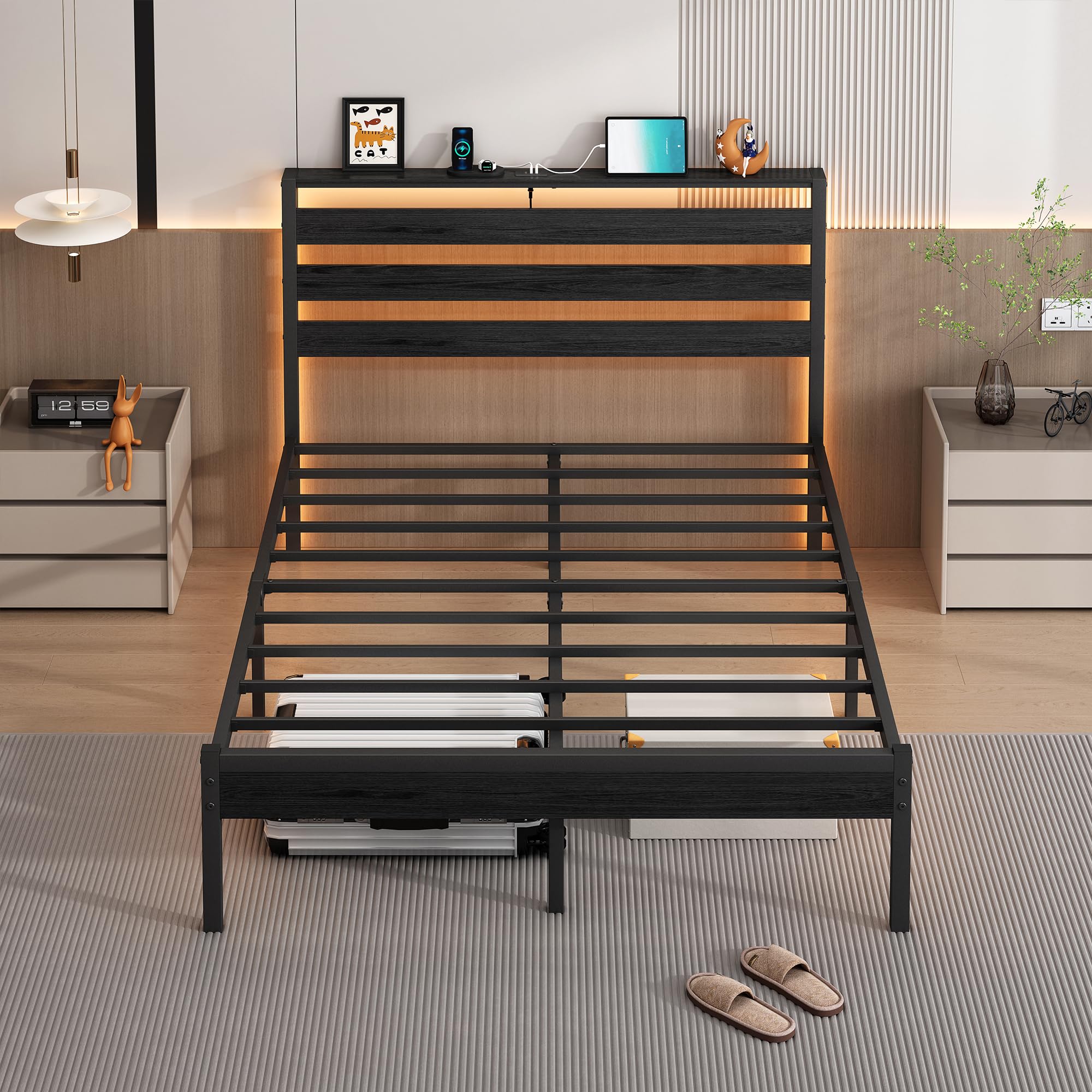 Metal Platform Bed Frame with Headboard, LED Lights & USB Charging