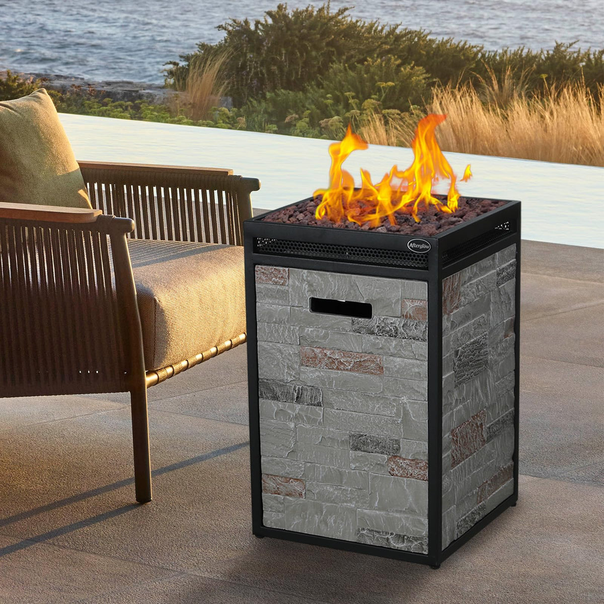 Afterglow Terrafab Grey Panels with Steel Frame 16" Square 40,000 Btu Propane Fire Column Outdoor Wood Effect Fire Pit for Outdoor Patio Garden Backyard Decking Decor