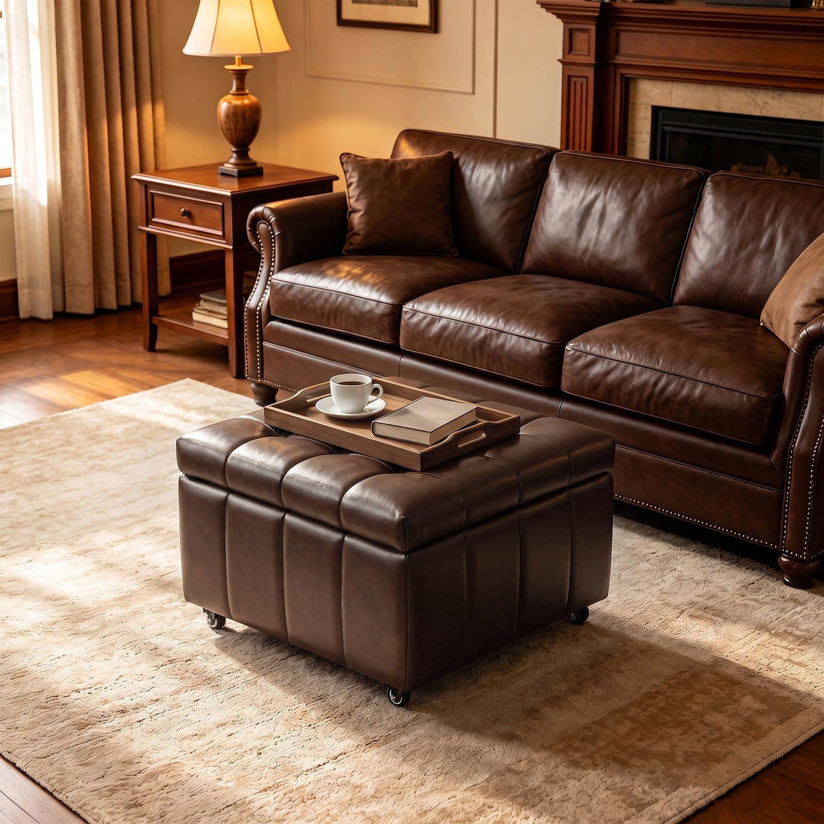 Faux Leather Rolling Storage Ottoman