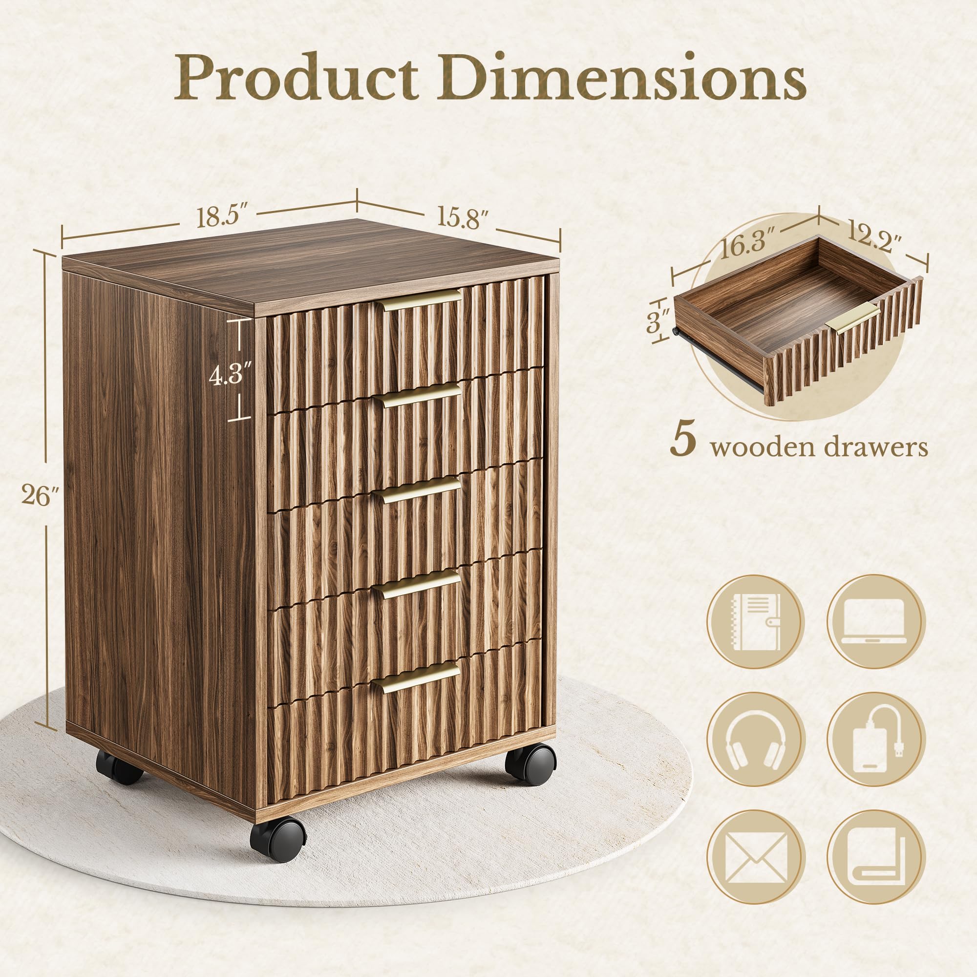 Fluted Mobile File Cabinet with Drawers & Wheels