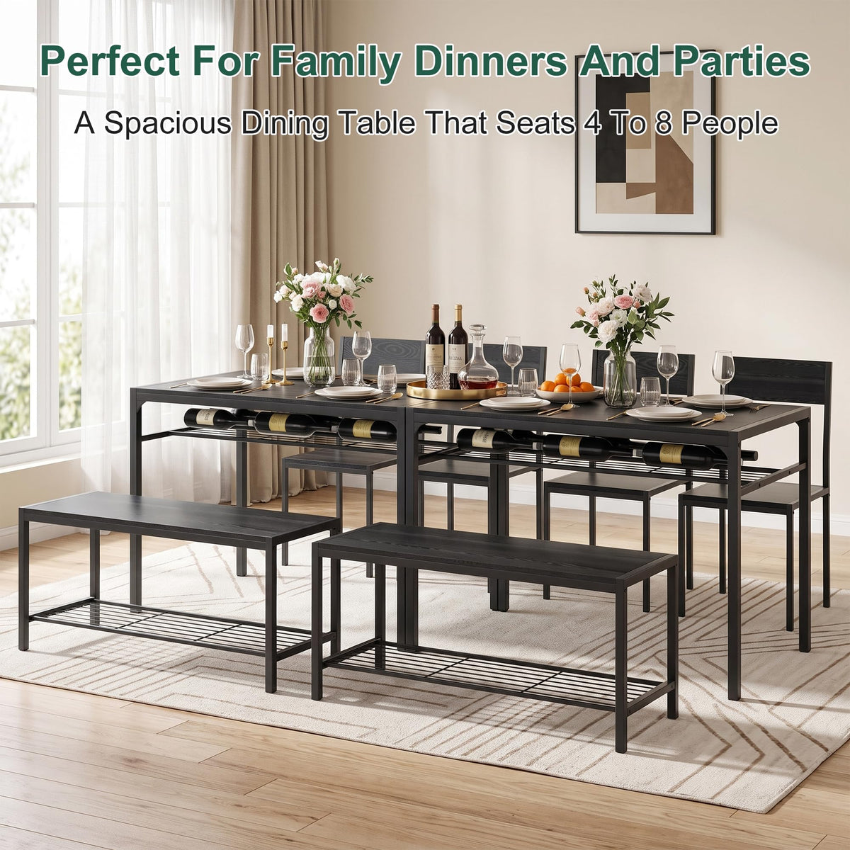 VECELO Kitchen Dining Room Table with 2 Chairs & Bench, Compact Space-Saving Design, Easy Assembly Steel Frame, Perfect for Small Apartments & Breakfast Nooks，Classic Black