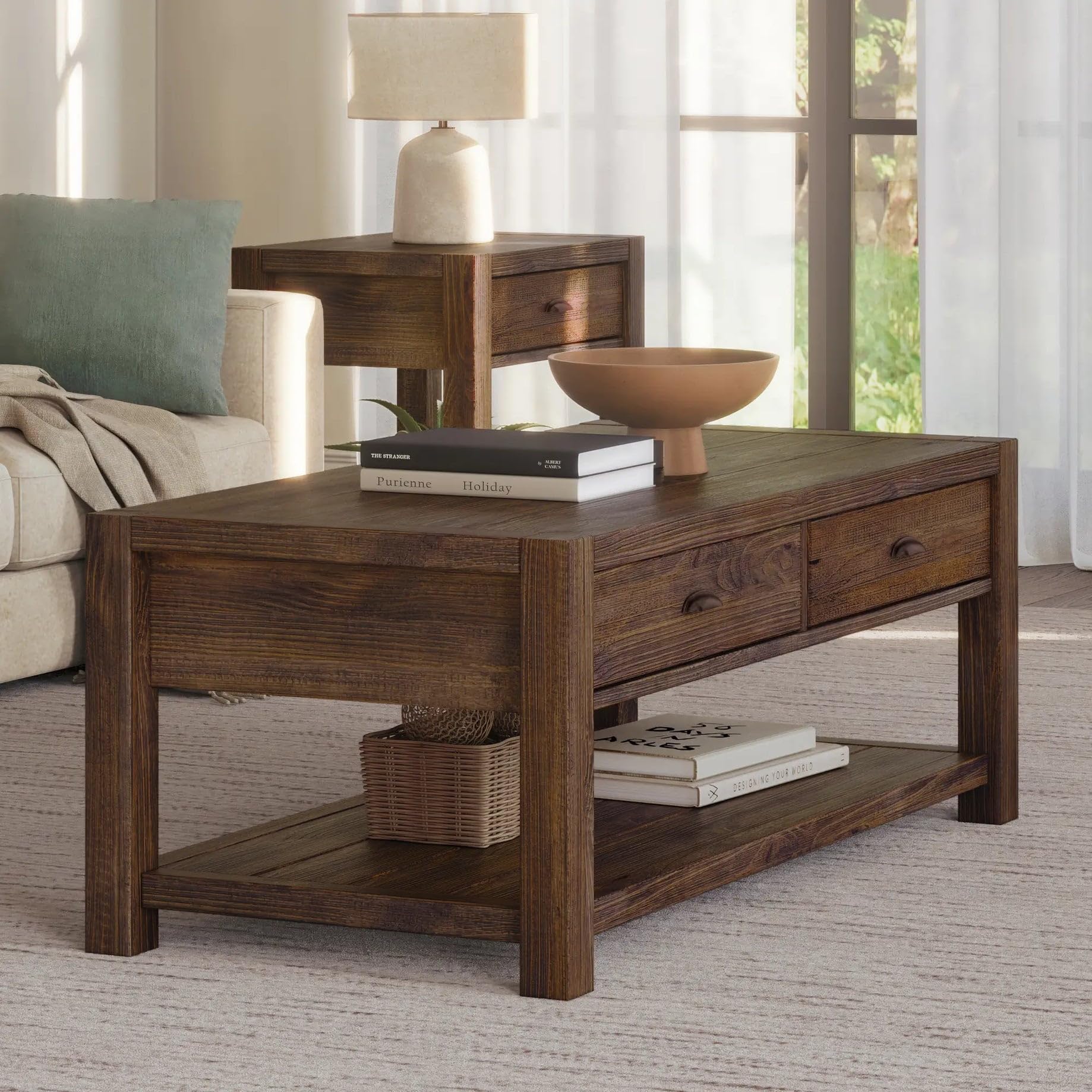 Grain Wood Furniture Montauk Coffee Table, Solid Wood with a Rustic Walnut Finish