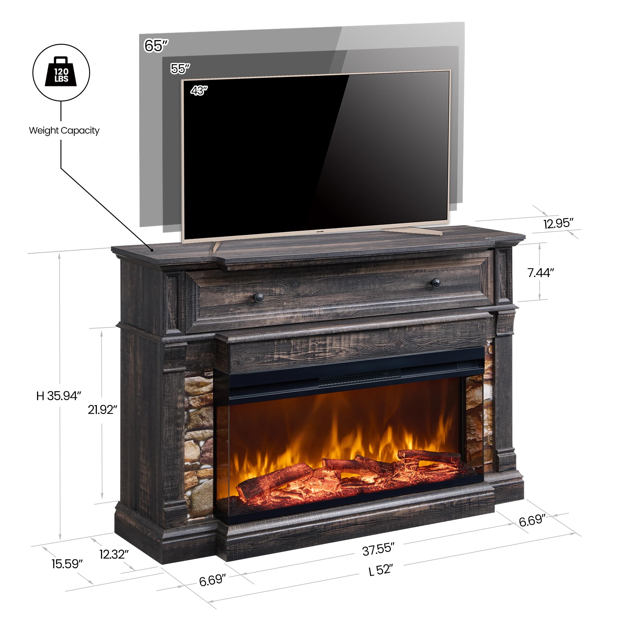 52" Electric Fireplace TV Stand with 3-Side Glass Insert