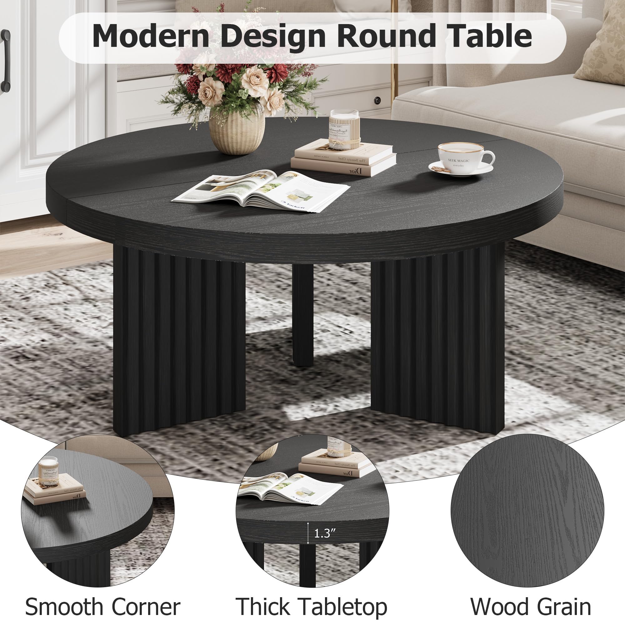 Garvee 33.5" Round Coffee Table, Circle Center Table with Fluted Legs & 1.3" Thick Top, Accent Sofa Tables for Living Room, Bedroom, Easy Assembly, Black
