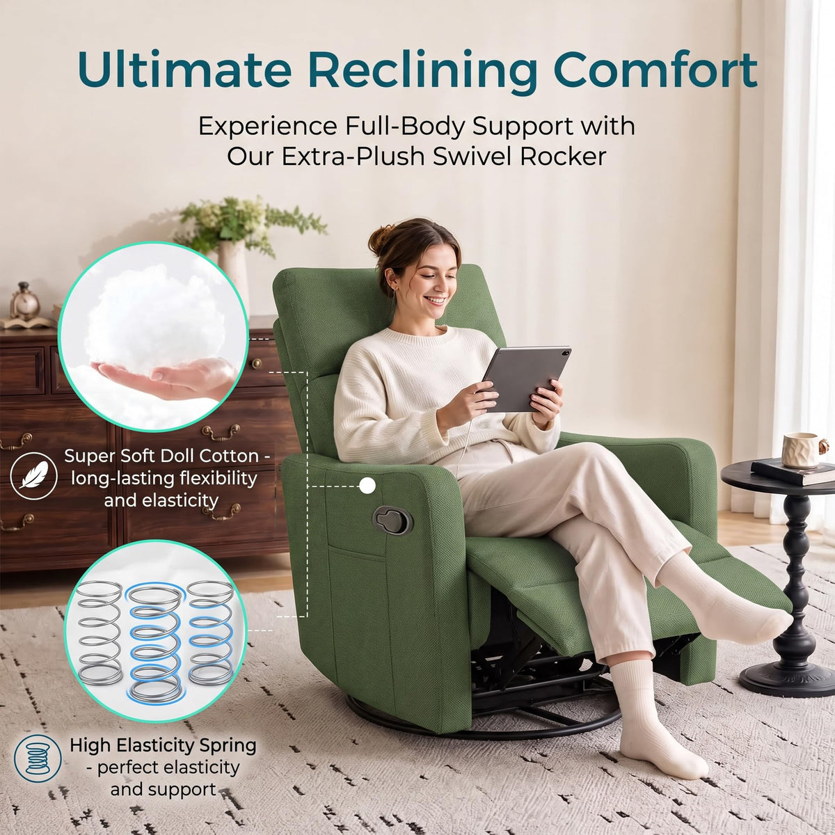 cinkehome Small Swivel Rocker Recliner, Manual Glider Chair for Nursery