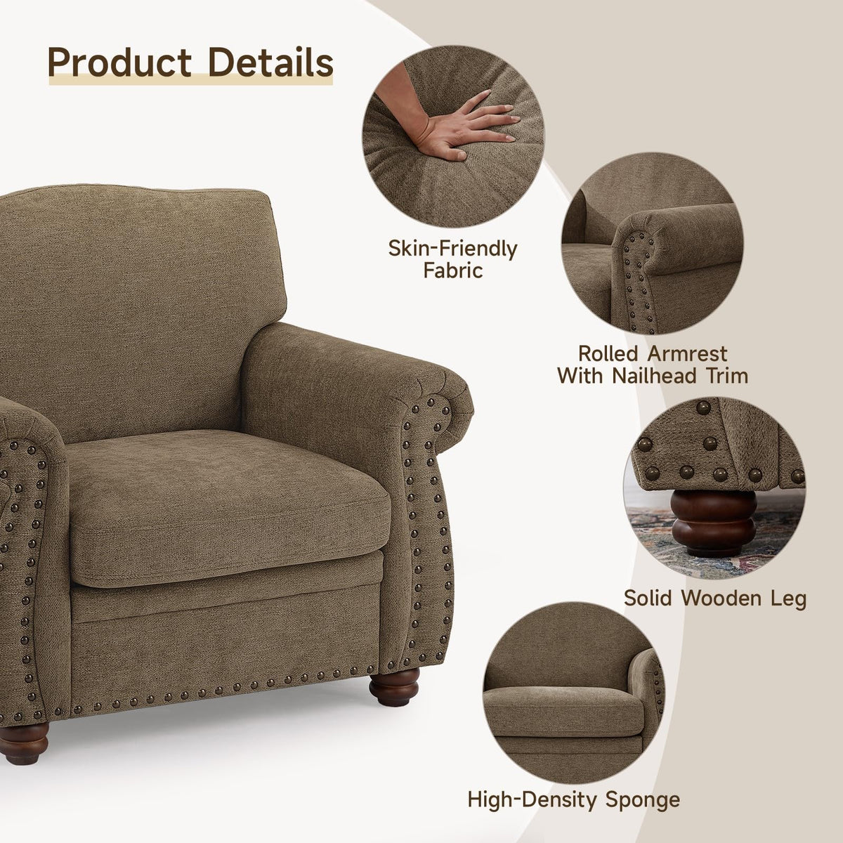 ONBRILL Nailhead Trim Armchair, Rolled Arm Accent Chair,Chenille Sofa Chair
