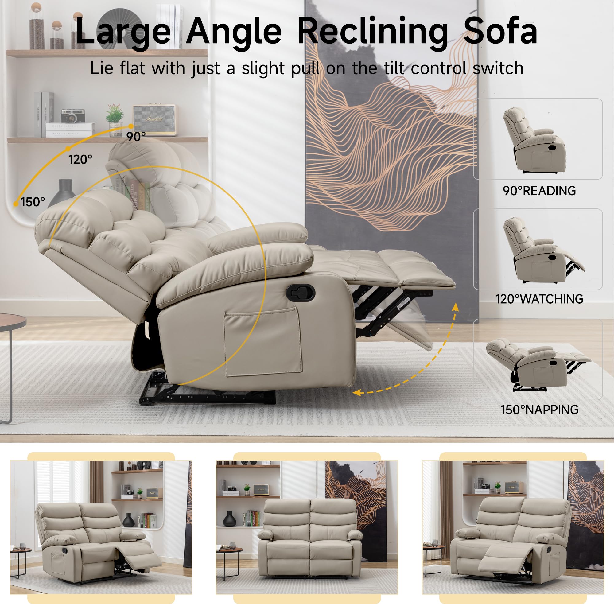 GNMLP2020 Reclining Loveseat Sofa, Anti-Scratch Leather Manual Loveseat Recliner with Side Pocket, Wall Hugger Loveseat Recliner for Living Room, RV, Home Theater(Beige)
