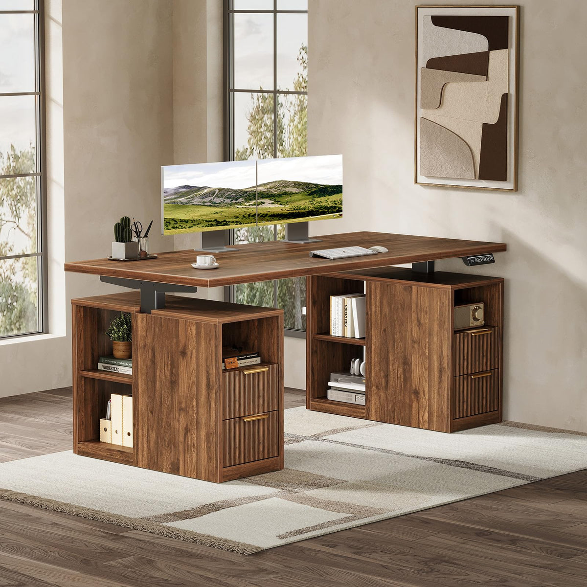 OffiGo Fluted 55 Inch Electric Standing Desk with 2 Storage Cabinet, Walnut