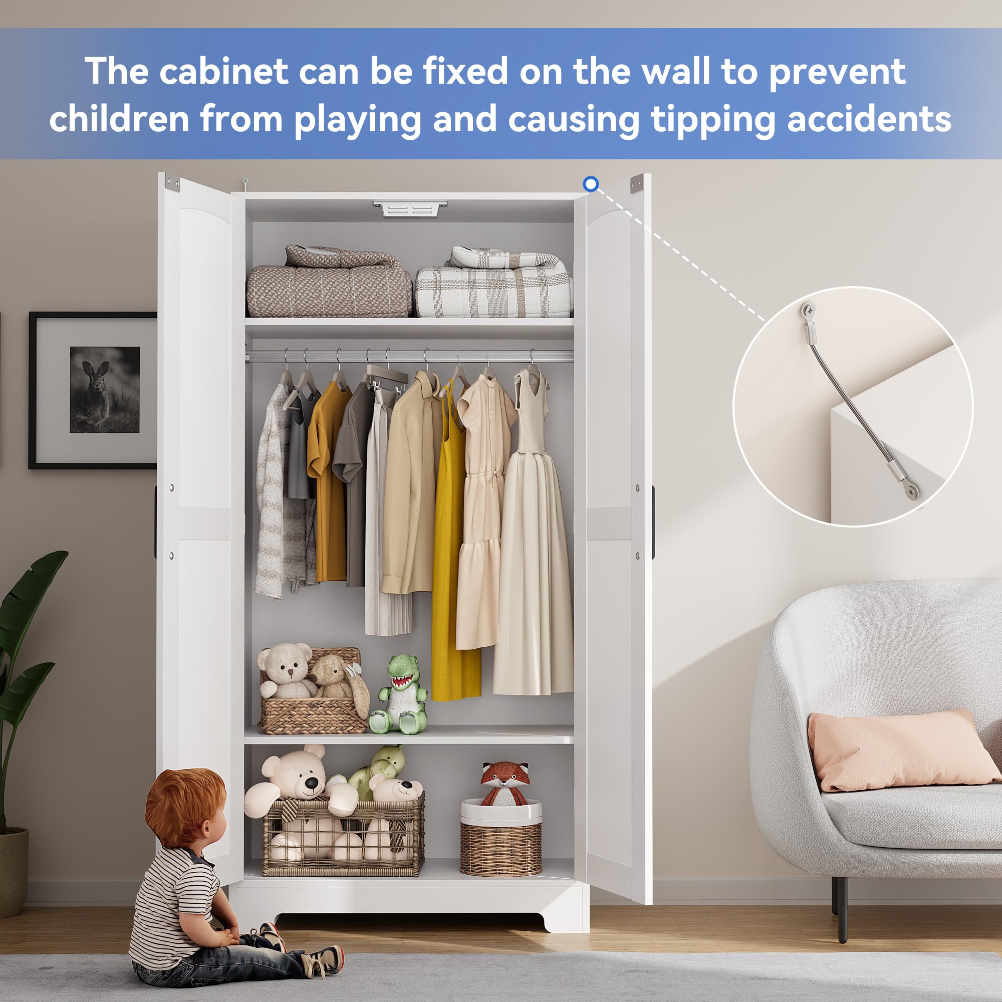 Wooden Armoire Wardrobe Closet, Wardrobe Cabinet with Door and Shelves, Freestanding Bedroom Armoires Clothing Storage Cabinet with Hanging Rod for Bedroom, Laundry Room, Cloak Room（White）