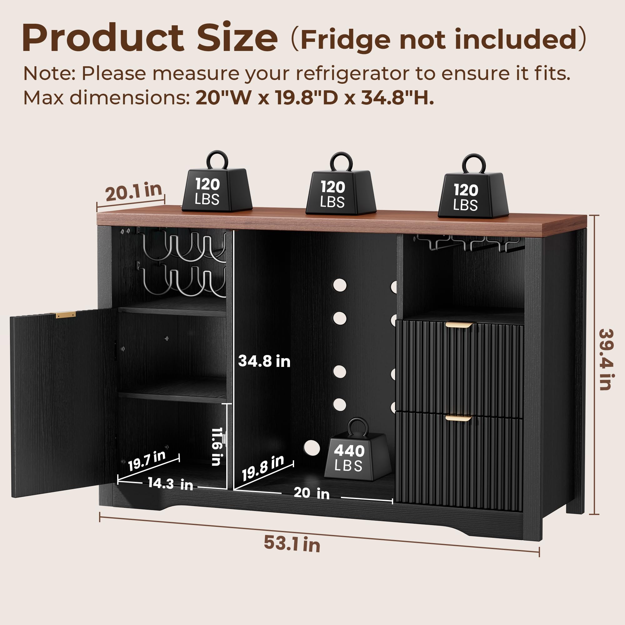 Coffee Bar Cabinet with Fridge Space, 53" L Wine Cabinets with Storage Drawer, Wood Buffet Sideboard Table, Fluted Liquor Cabinet with Wine Rack for Home, Living Room,20"D x 53.1"W x 39.4"H-Black