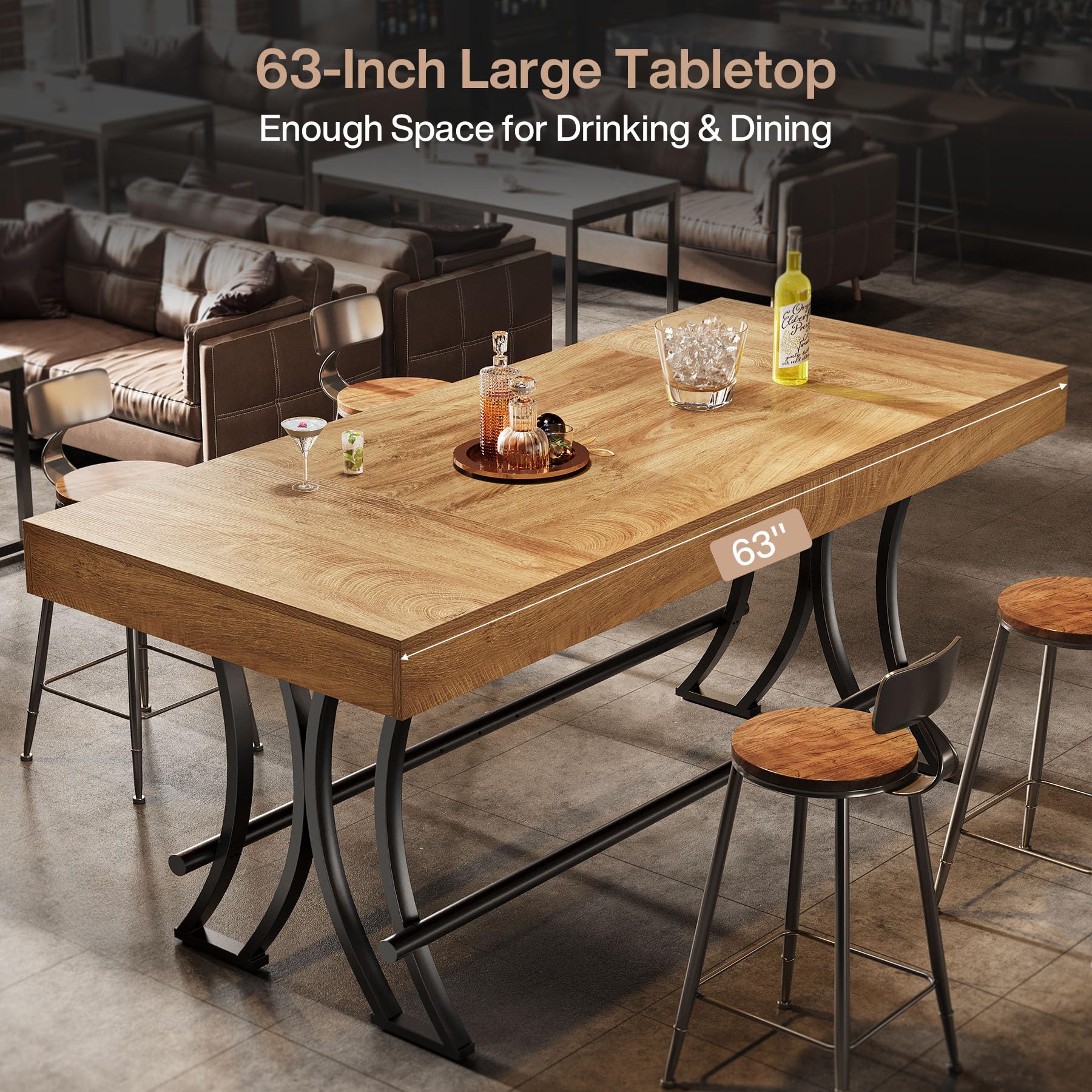 Tribesigns 63" Counter Height Bar Table with Metal Footrest, Rectangular Tall Kitchen Dining Pub Table, Industrial Home Bar Unit for Entertaining, Freestanding, Rustic Brown