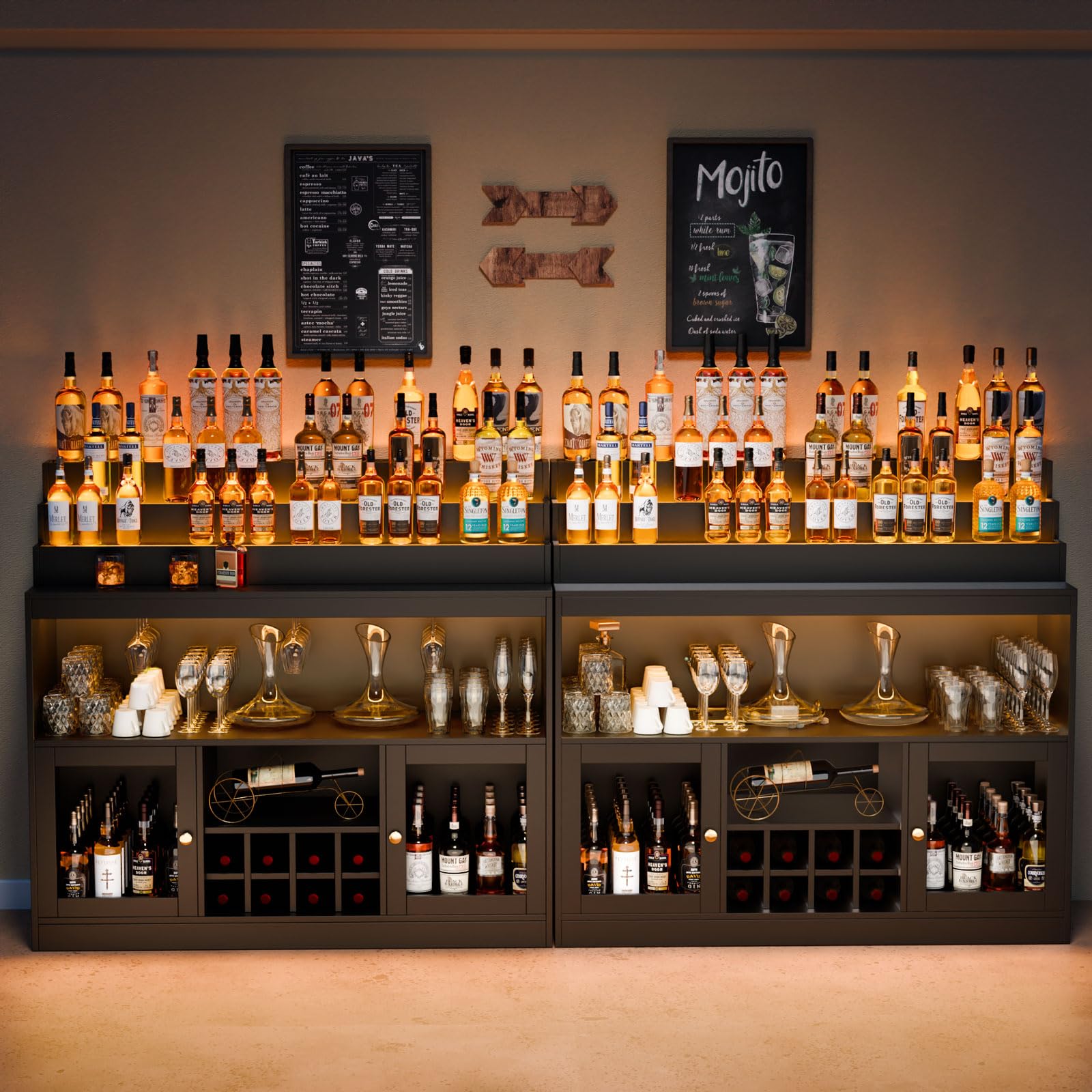 Loomie Wine Bar Cabinet with LED Lighted Liquor Bottle Display Shelf, Liquor Cabinet with Glass Holder, Coffee Bar for Liquor, Storage Buffet with Wine Racks, Wine Cabinet with Door (Black)