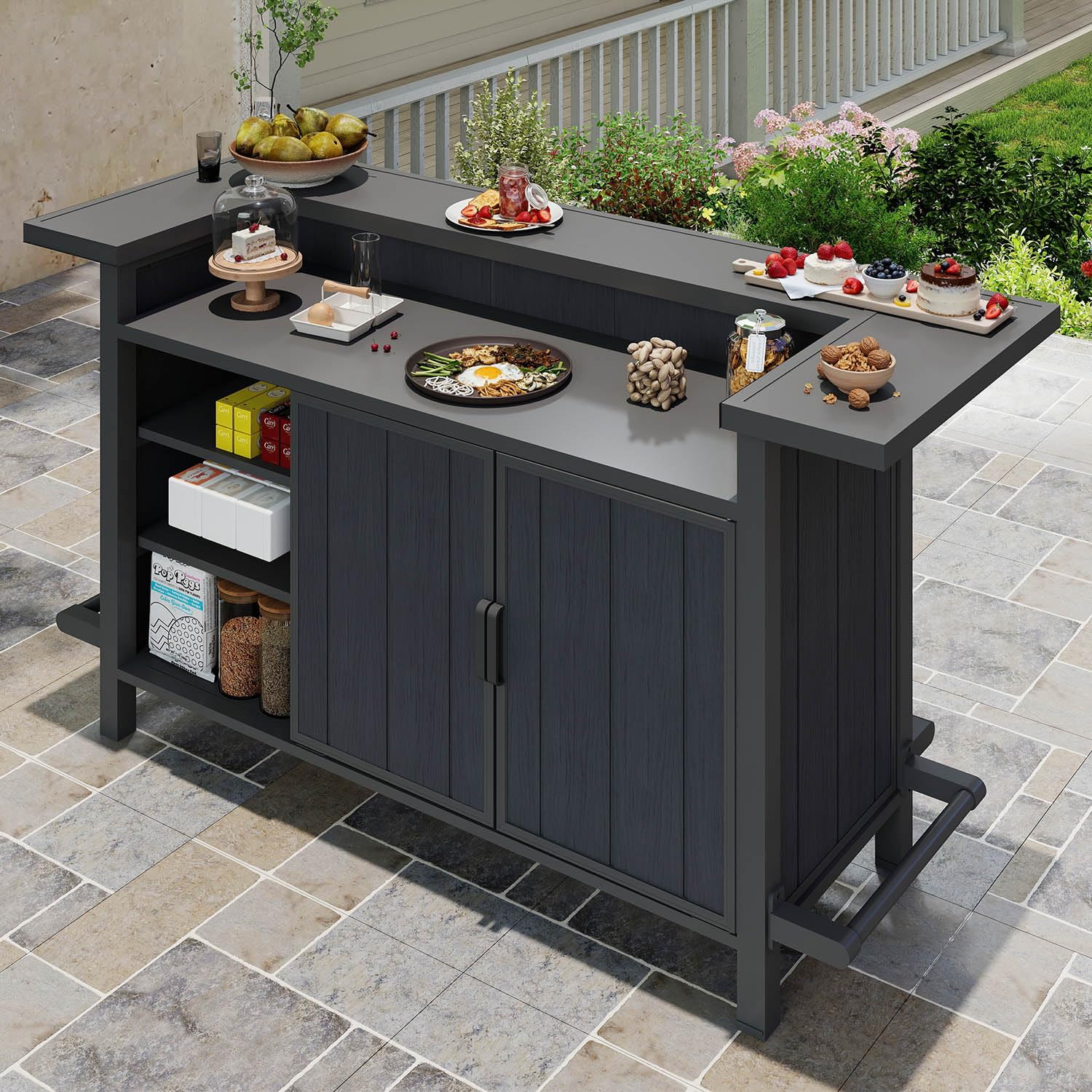 Domi Outdoor Bar, Aluminum Outdoor Bar Table with Storage & Umbrella Hole, Patio Bar with Propane Tank Holder & Footrest, Home Bar for Backyard Poolside Deck Garden for 2-6 People