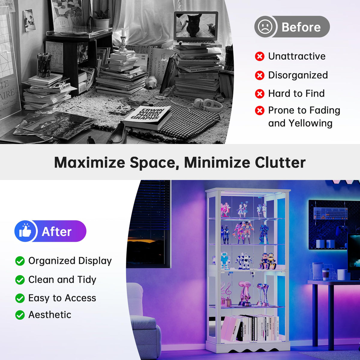 Dystler Display Cabinet with Glass Doors, RGB Lights for Collectibles