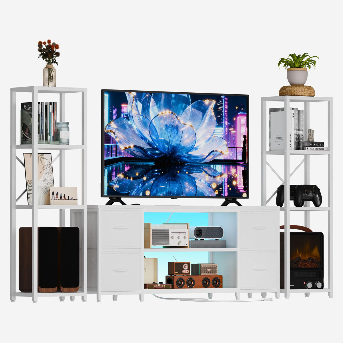 LED TV Stand Entertainment Center Bookshelf Combo with Charging Station