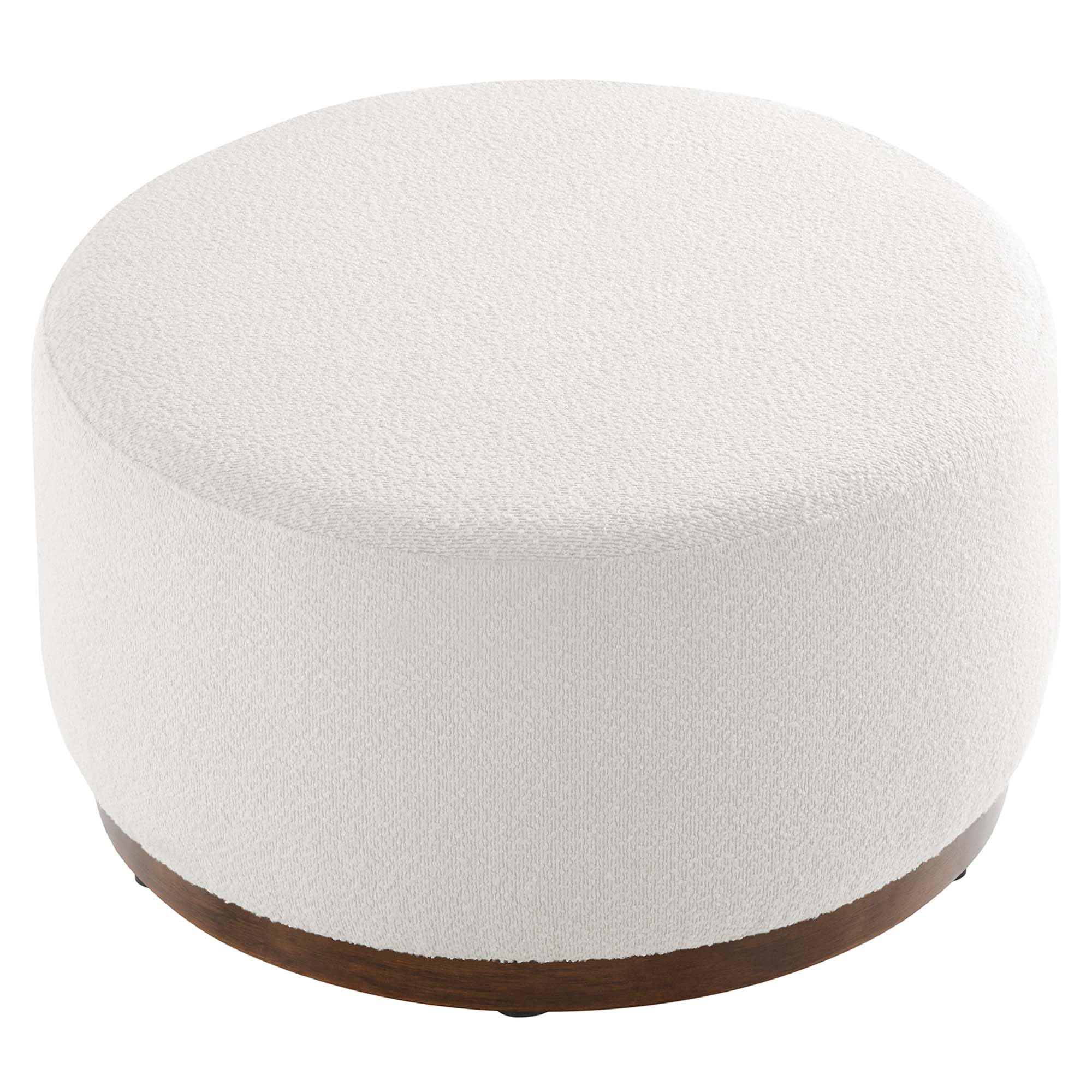 Modway Tilden 29 Inch Round Boucle Upholstered Ottoman in Cloud Walnut - Round Ottoman Coffee Table for Living Room - Large Ottoman Foot Rest with Rubberwood Plinth Base