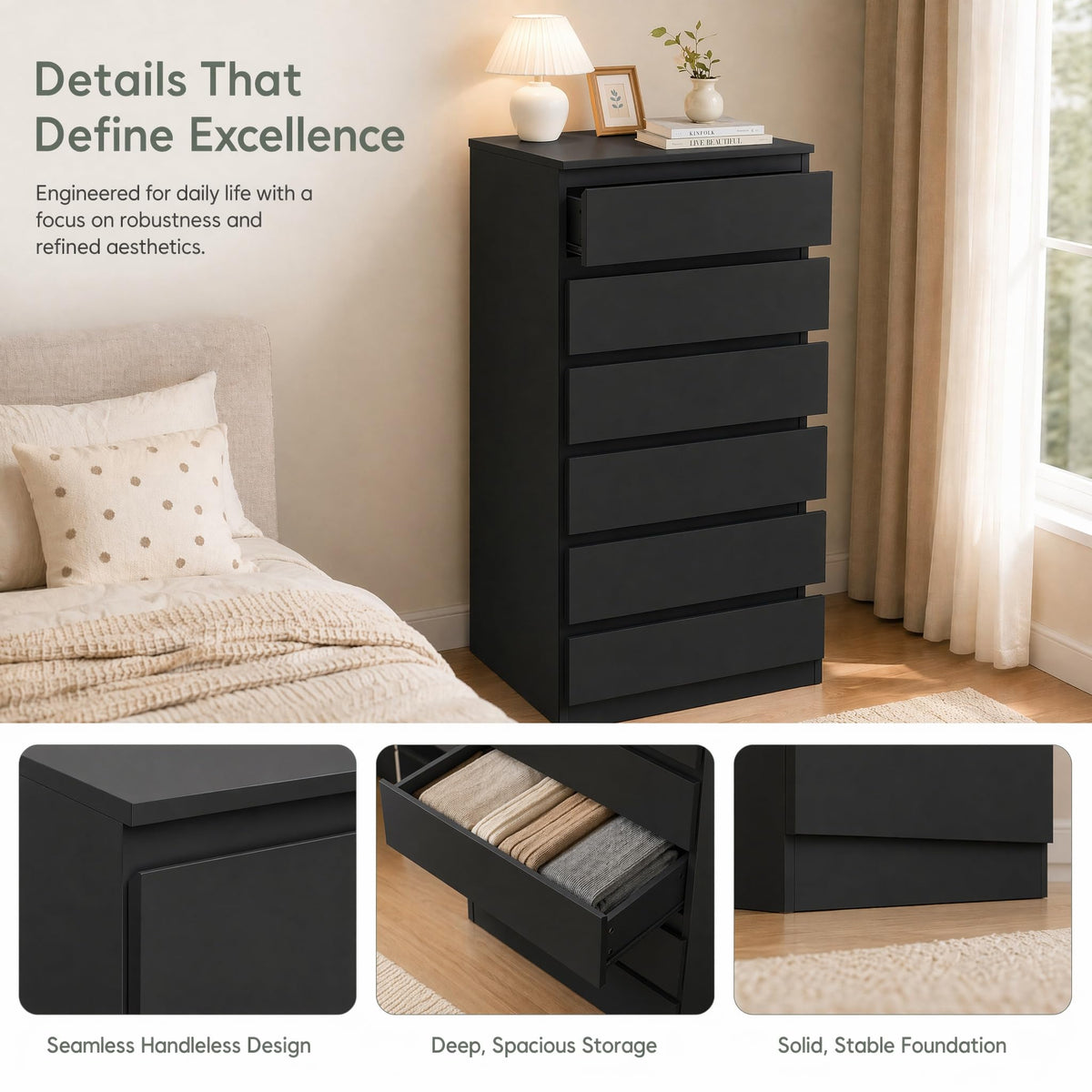 Black 6-Drawer Handleless Dresser