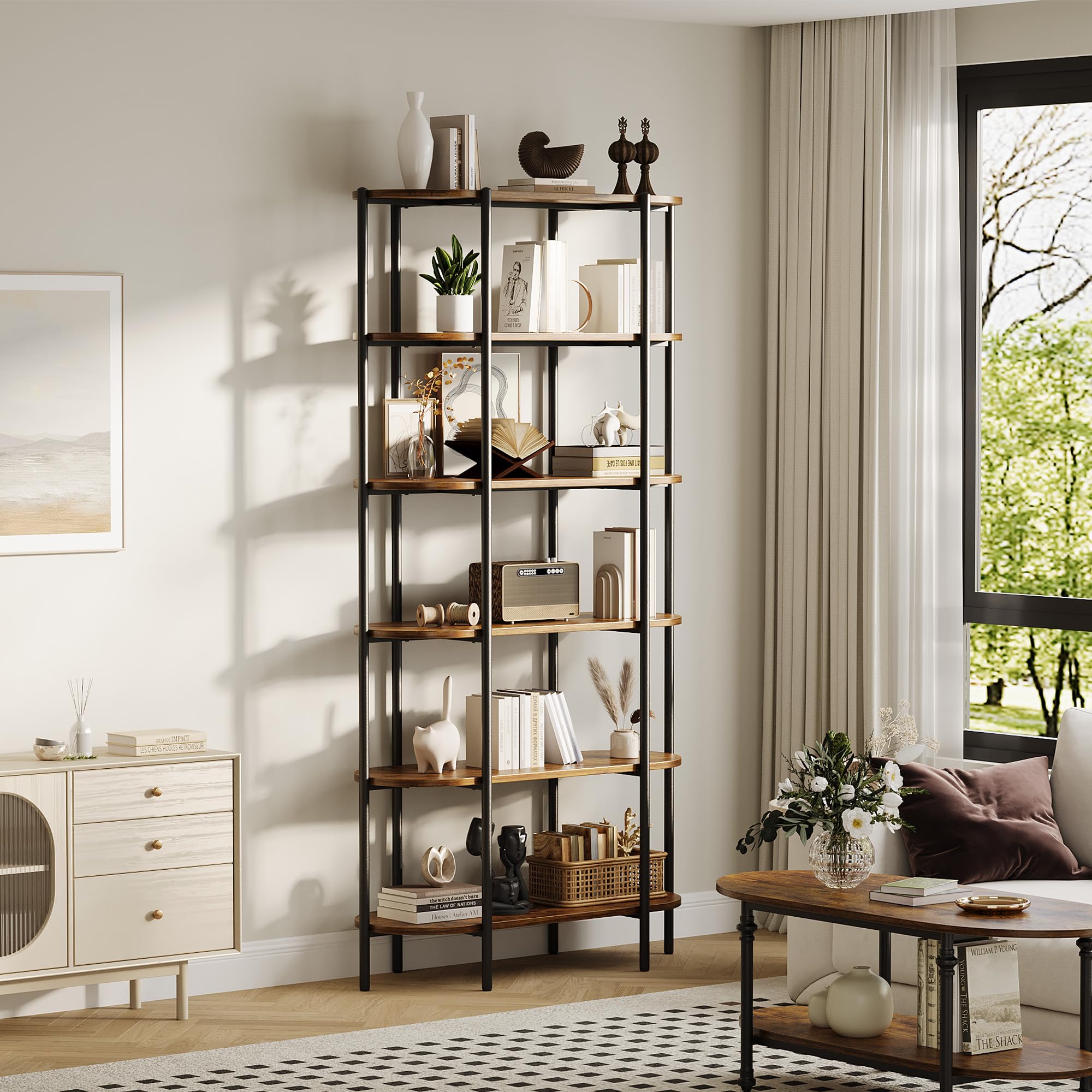6-Tier Industrial Bookshelf with Metal Frame