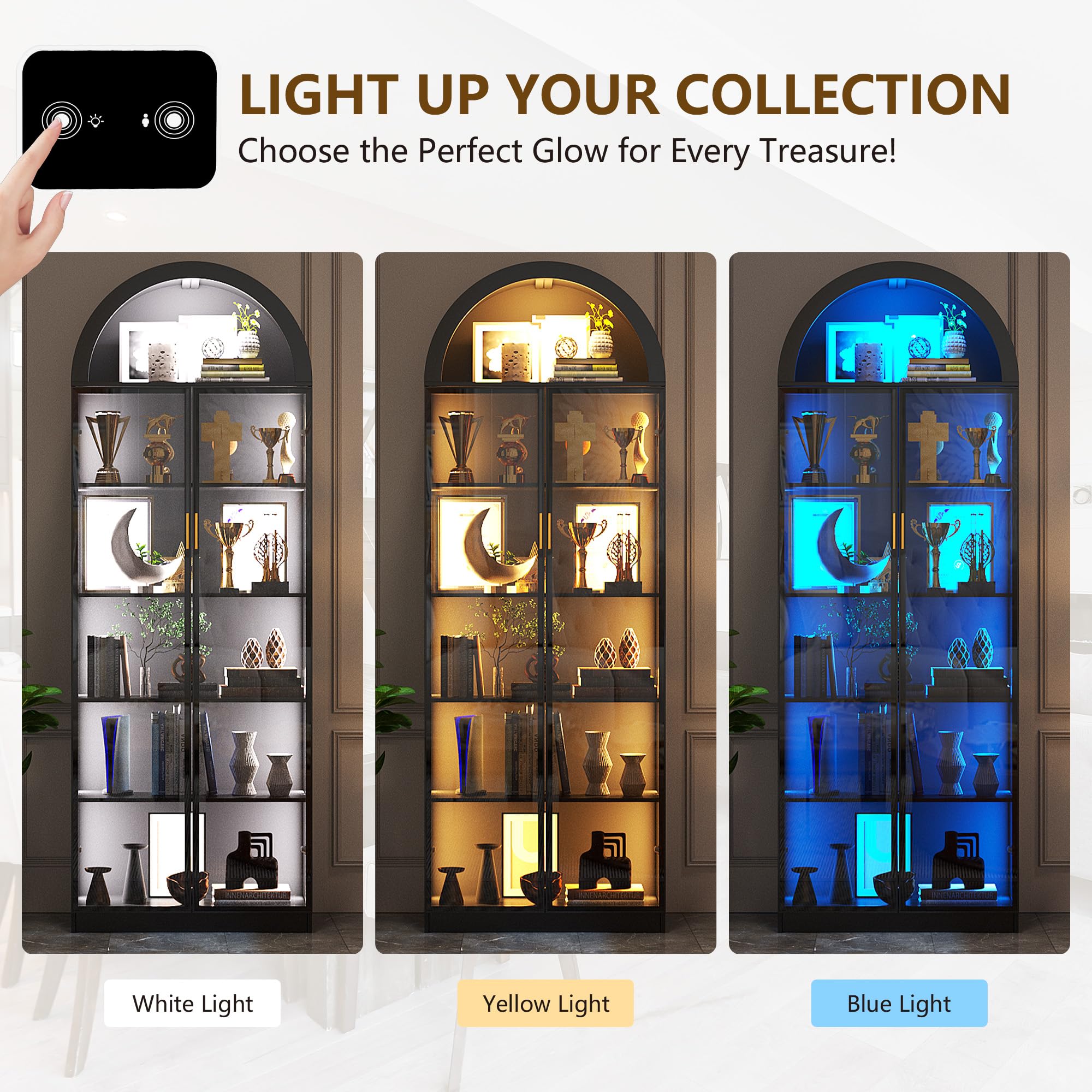 Arched Display Cabinet with LED Lights, 6-Tier Curio Cabinet with Adjustable Shelves