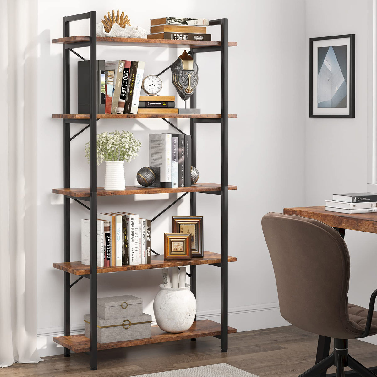 Rustic 5-Tier Industrial Bookcase