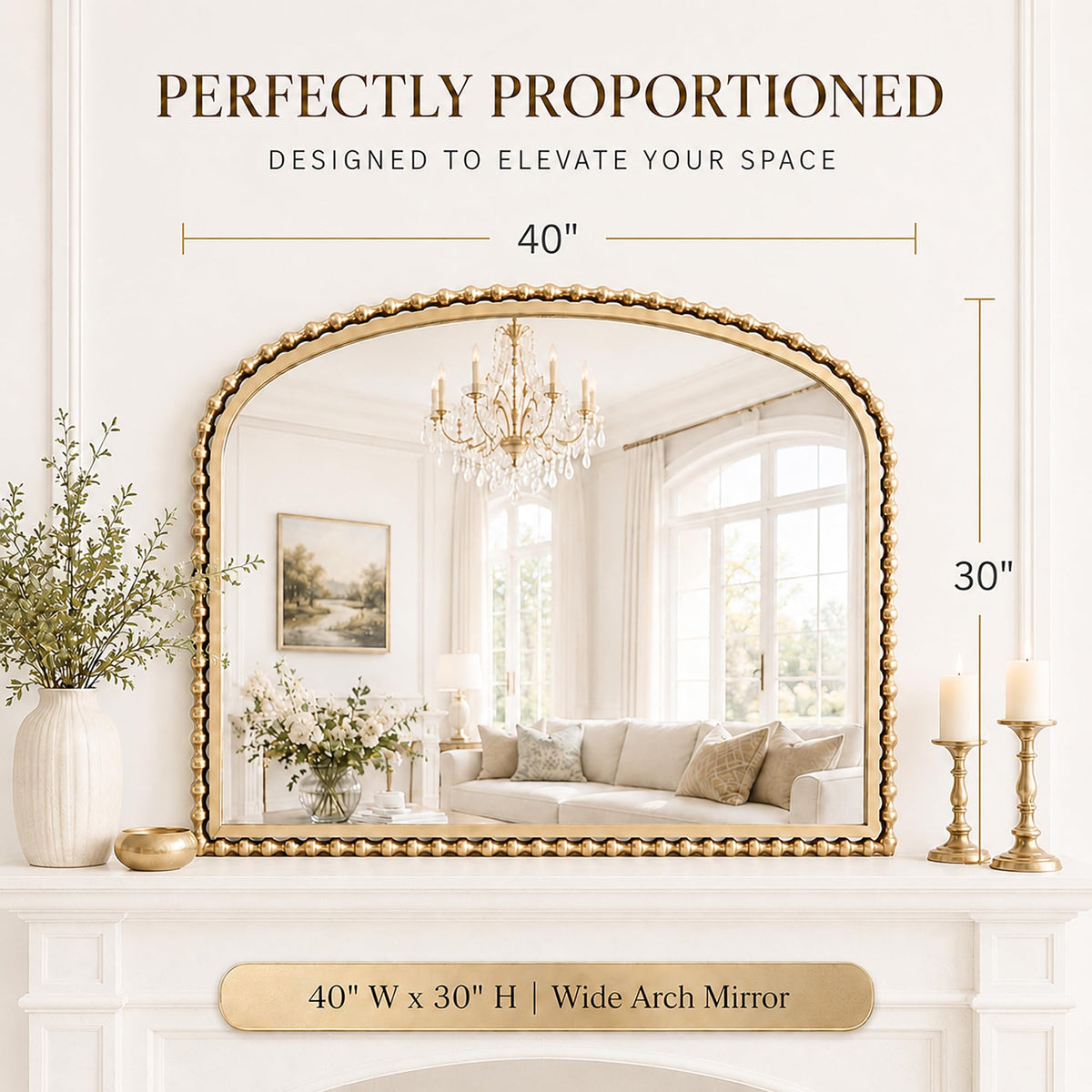 CAVINHOME 40"x30" Wide Arch Wall Mirror, Antique Gold Bold Beaded Frame