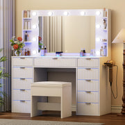 Gyfimoie Vanity Desk with Glass Top and 11 LED Bulbs,Makeup Table with Large Mirror & Power Outlet, Dressing Table with 11 Drawers & Cushioned Stool for Women and Girls,Bedroom