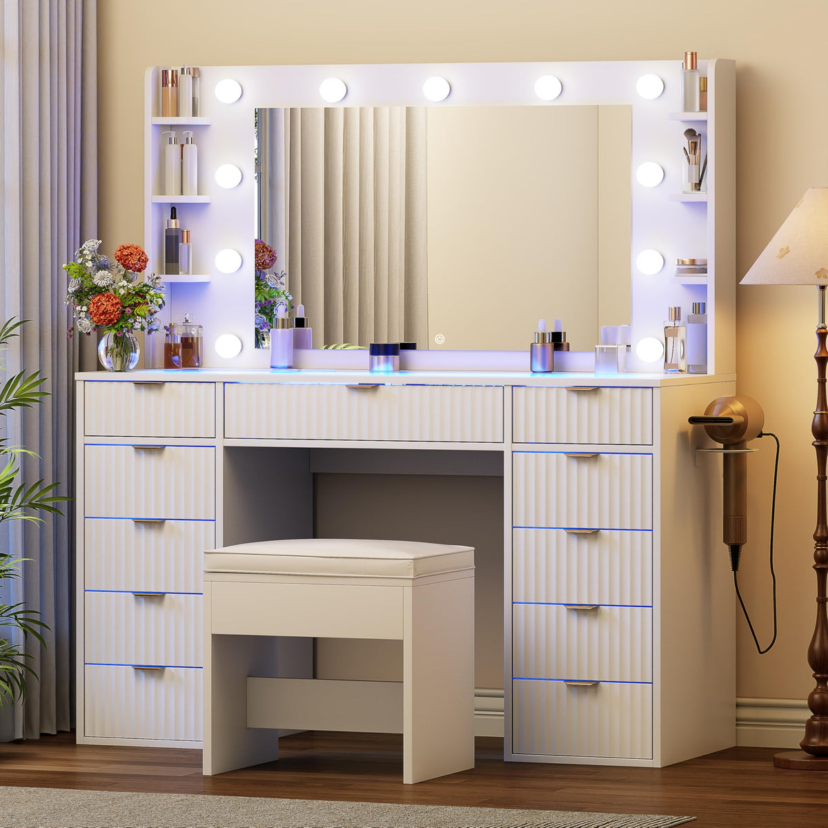 Gyfimoie Vanity Desk with Glass Top and 11 LED Bulbs,Makeup Table with Large Mirror & Power Outlet, Dressing Table with 11 Drawers & Cushioned Stool for Women and Girls,Bedroom