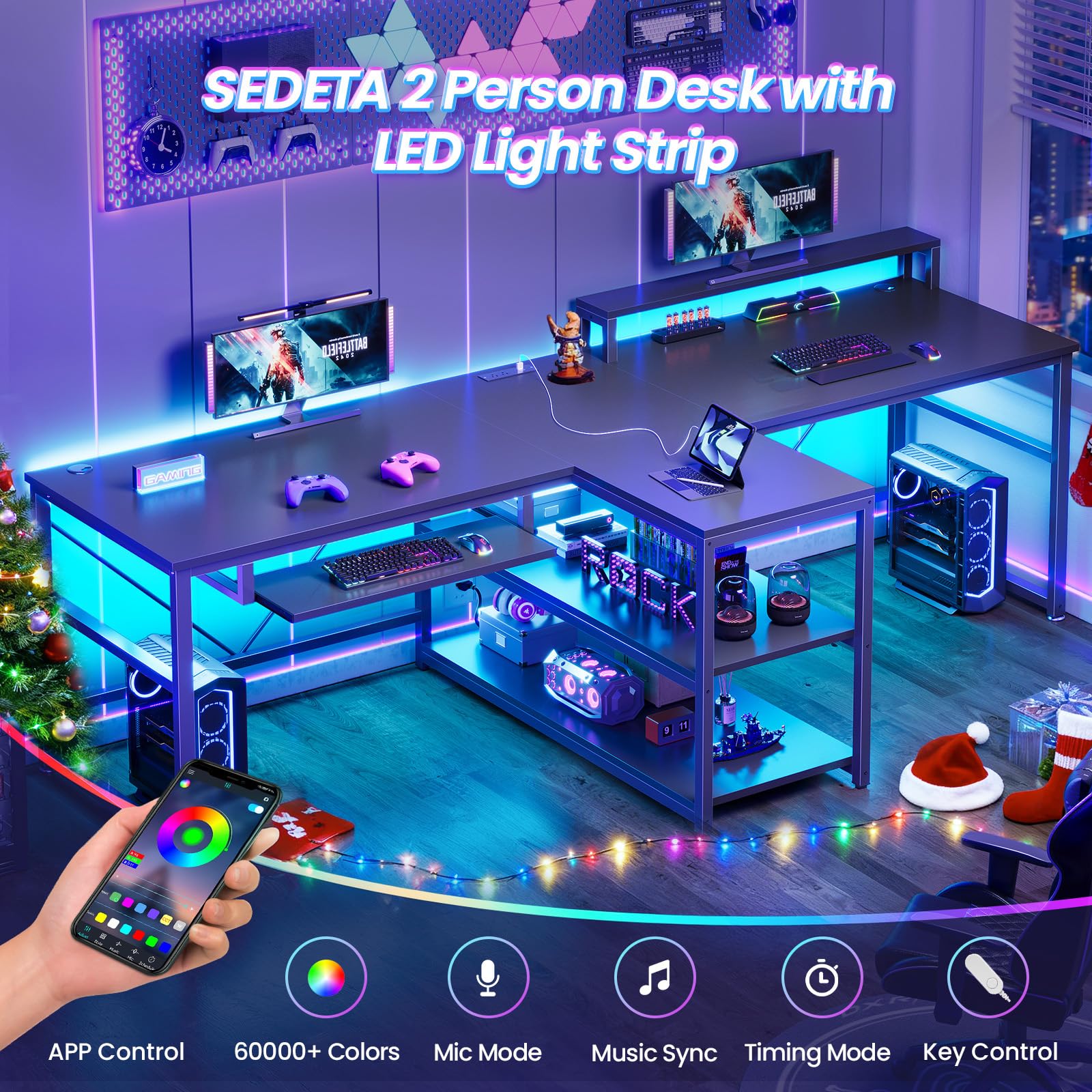94.5" 2-Person Desk with LED Lights, Storage & Monitor Stand