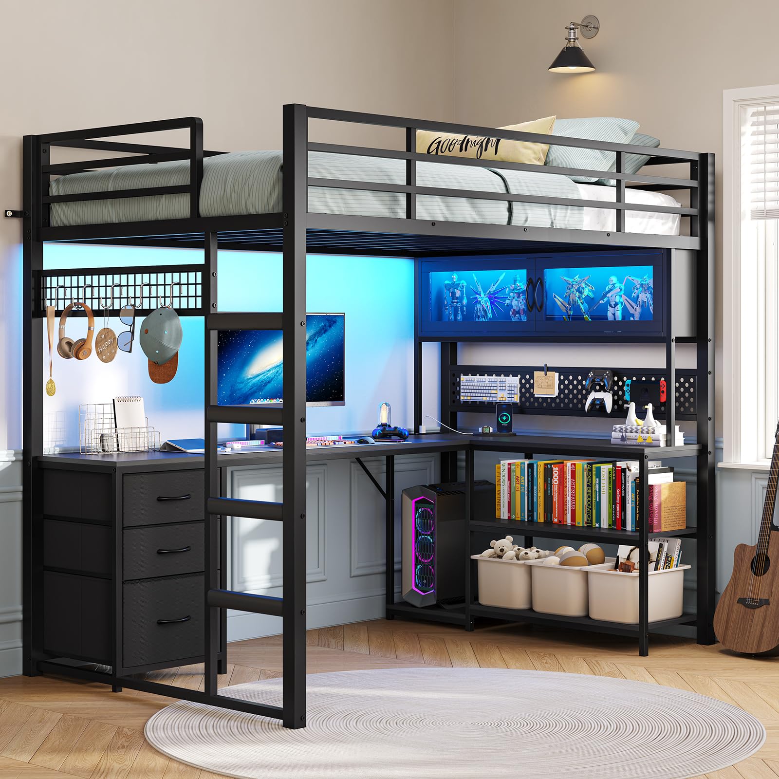 Twin Loft Bed with L-Shaped Gaming Desk & Storage