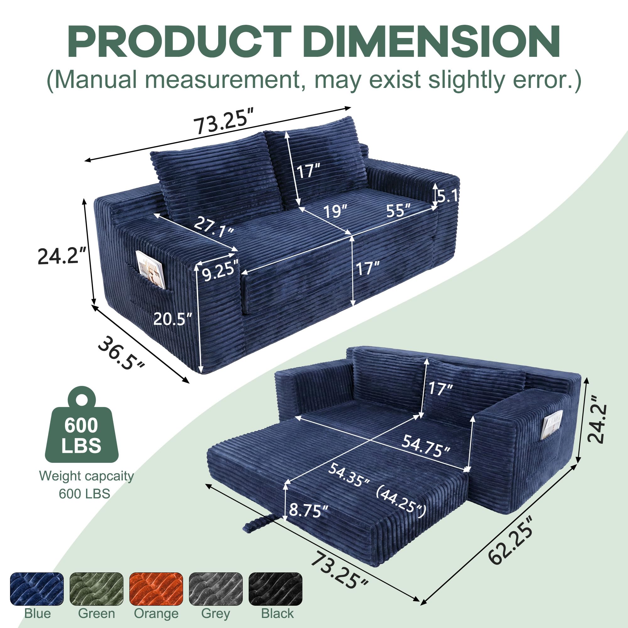 73" Convertible Sofa Bed, Corduroy Boneless Loveseat Sleeper, Fold Out Floor Couch Bed with 2 Pillows, Memory Foam Cloud Futon Couch for Living Room Guest Room Small Space, No Assembly (Blue, 73")