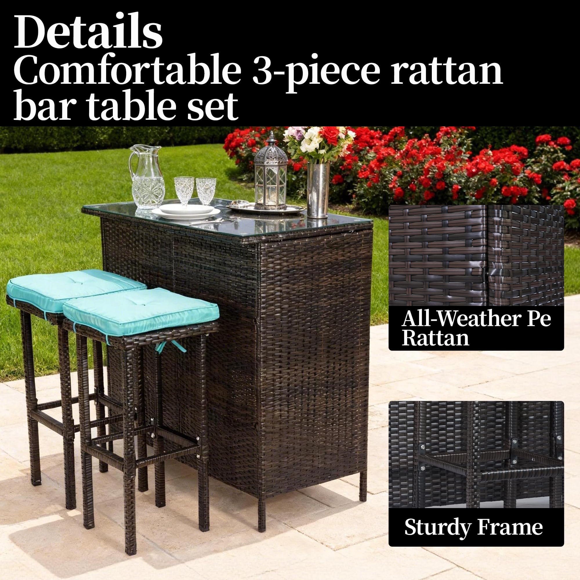 3-Piece Patio Wicker Bar Set with Glass Top & Cushioned Stools